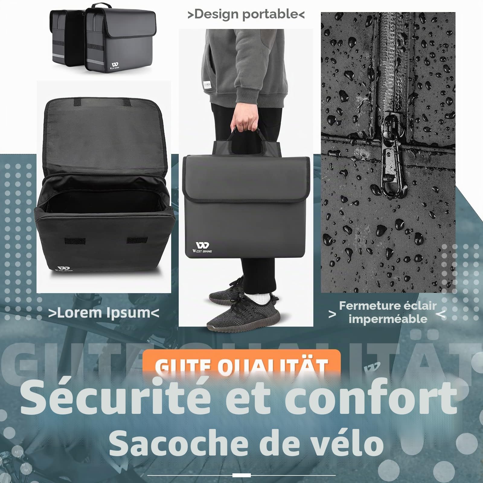 Sacoche de vélo pour porte-bagages, 36 l, étanche, double sacoche