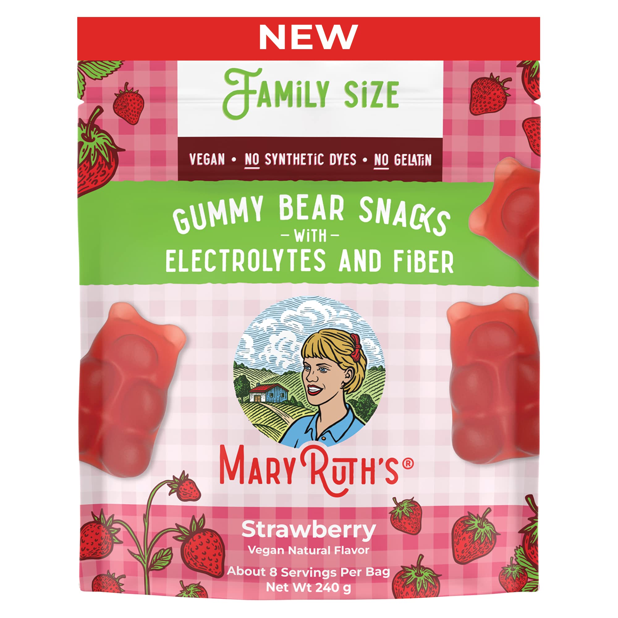 MaryRuth's Gummy Bears Snacks | Delicious Gummies with Electrolytes and Fiber | Gummy Candy Made with Organic Cane Sugar | Strawberry | Vegan | Gluten Free | Non-GMO | Family Size | 240g