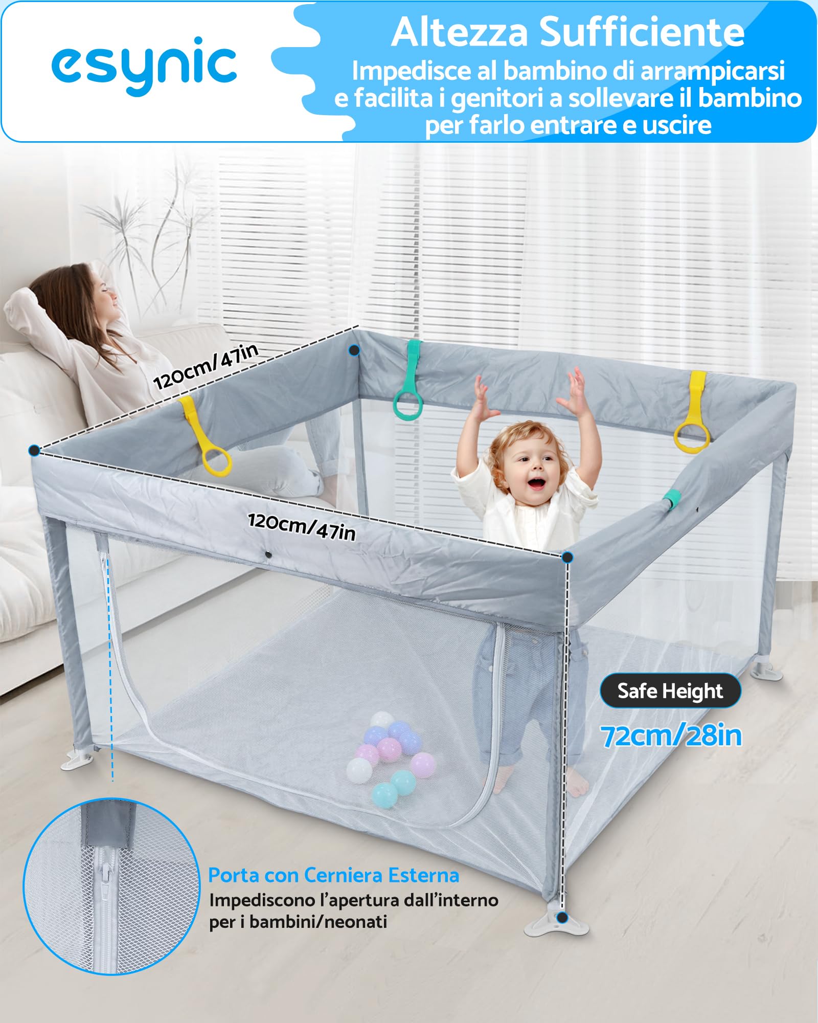 eSynic Playpen Bambini 120x120 cm Pieghevole con Pallini e Maniglie, Recinto Neonati Modulare, Porta Zip, Borsa Viaggio - Grigio
