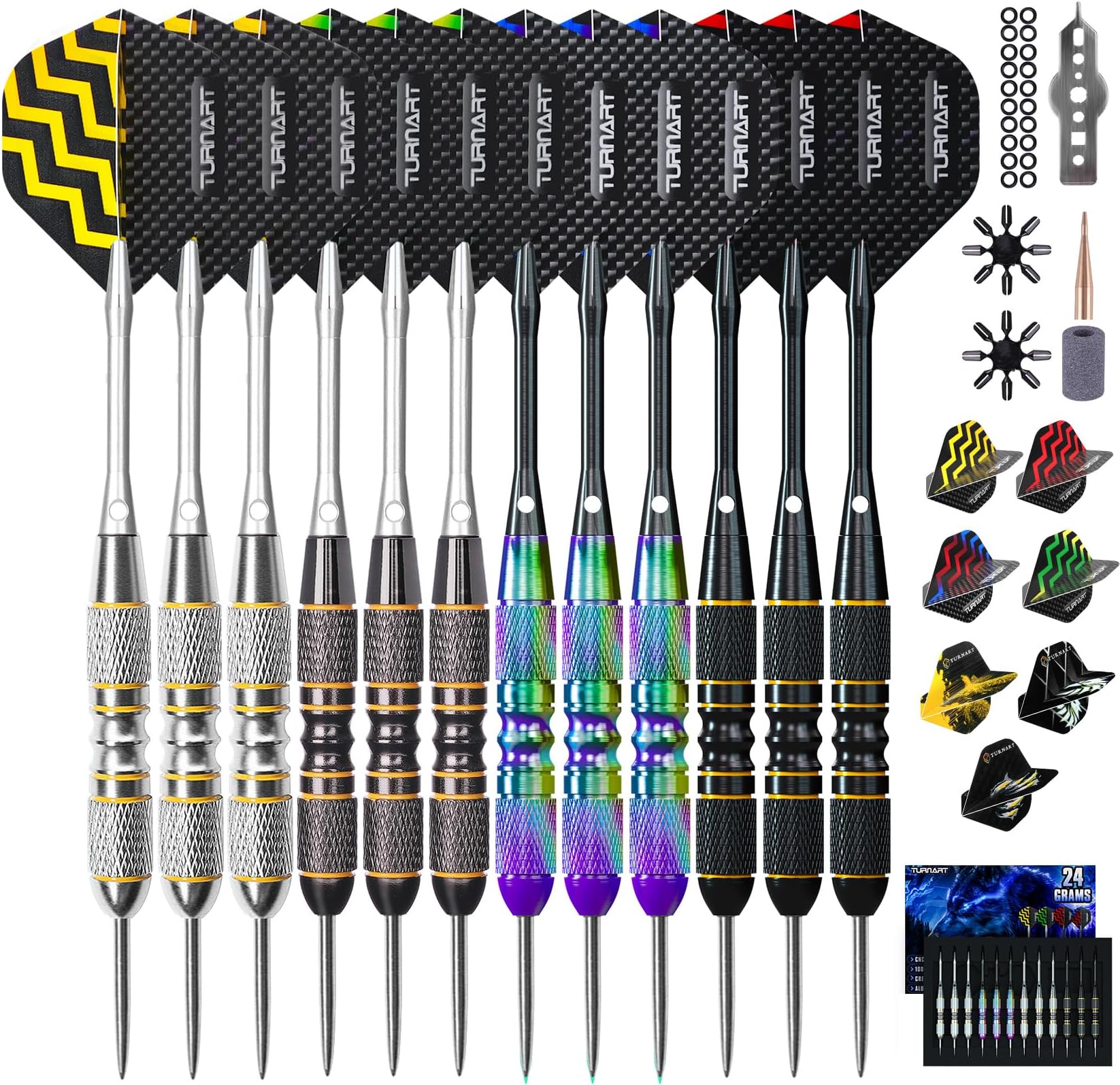 Turnart Darts Metal Tip Set - Steel Tip Darts Darts Set Professional Metal Darts 12 pcs 22/24 Grams Pro Dart Set with Stylish Case Aluminum Shafts Extra 9 Flights