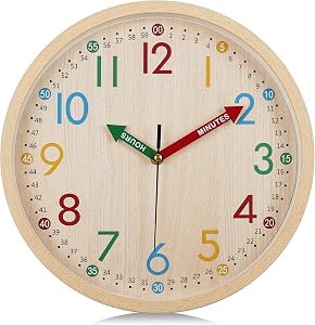 Lafocuse 12 Inch Silent Wood Grain Colorful Learning Clocks for Kids, Horloge Murale Enfant Decorative Wall Clocks for Kids Bedrooms, Wall Decor for School Classroom Playroom Living Room