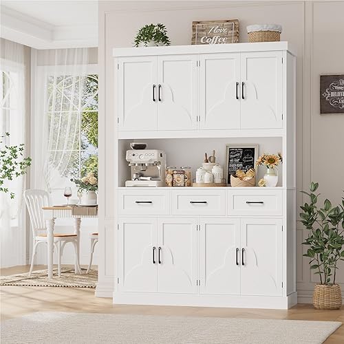 HITHOS 76" Tall Kitchen Pantry Storage Cabinet, 55“ Wide Kitchen Hutch Cabinet with Storage Drawers, Large Food Pantry with Microwave Stand, Modern Cupboard with Hutch for Dining Living Room, White