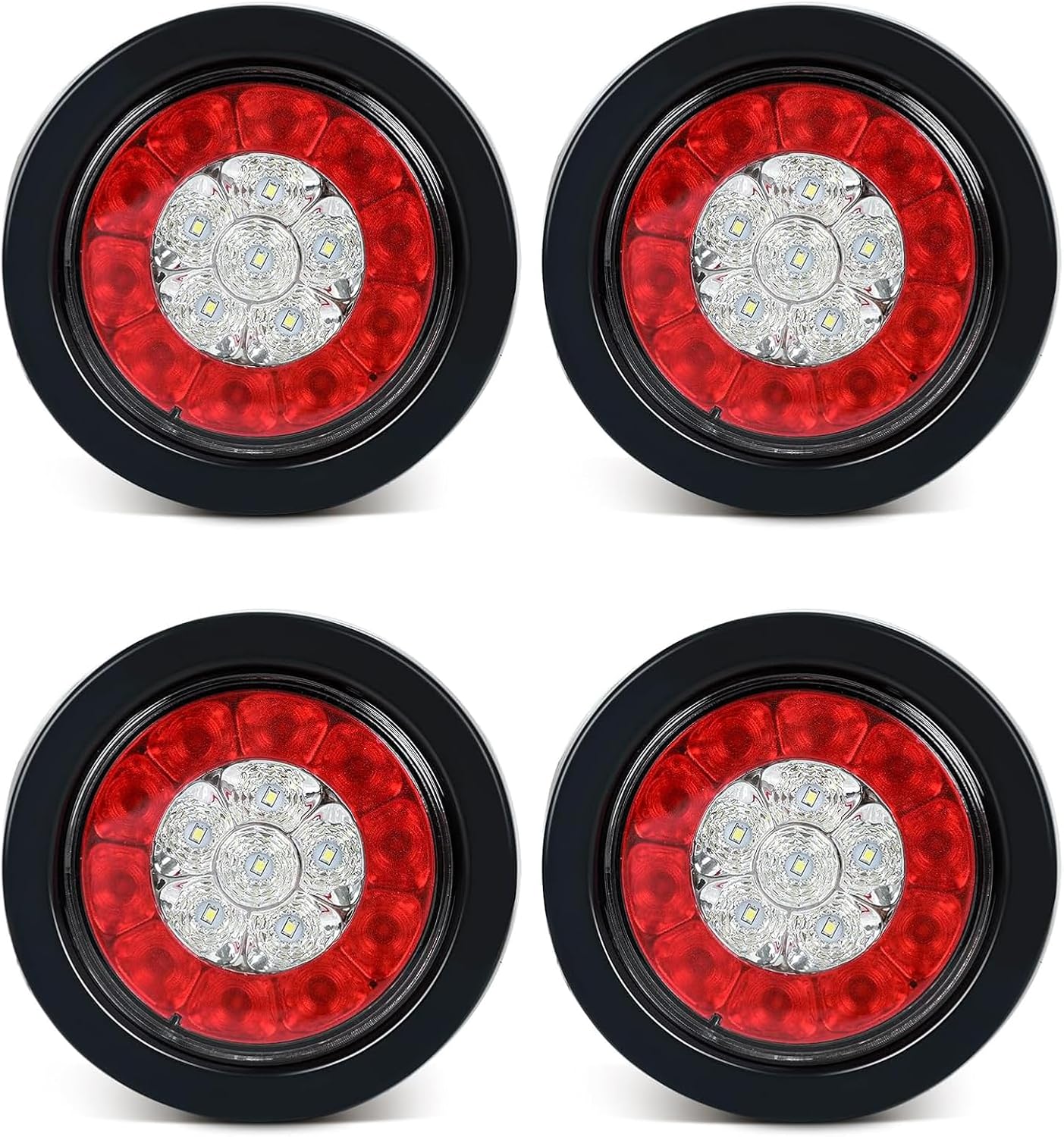 4" Round LED Trailer Tail Lights 16LED with Rubber Grommet Sealed Waterproof IP67, Brake Stop Running Reverse Signal Lamps for RV Trailer Trucks Van (4PCS)