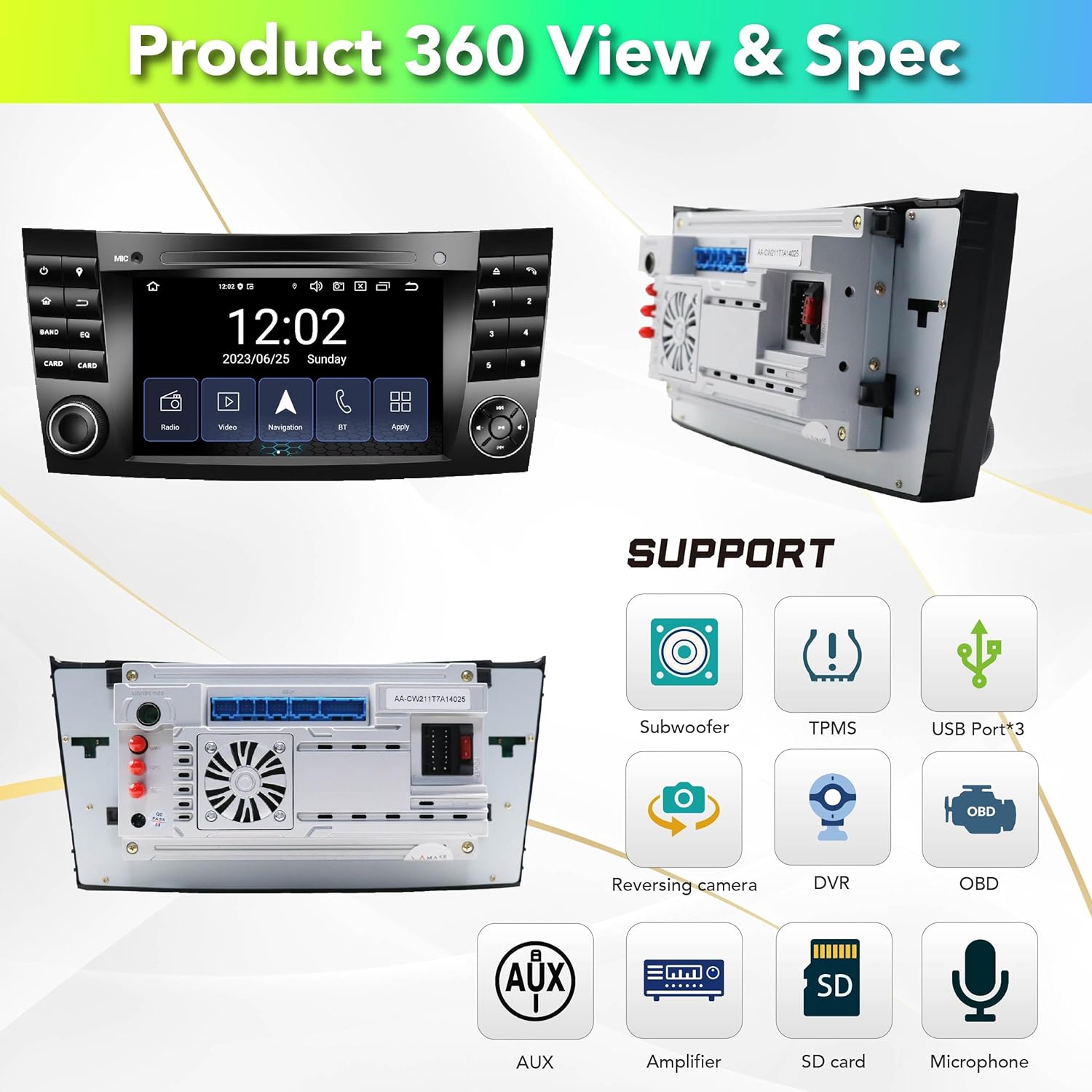 דערציען view of the AMASE AUDIO car radio showing various input and output ports, including USB, antenna, and RCA connections.