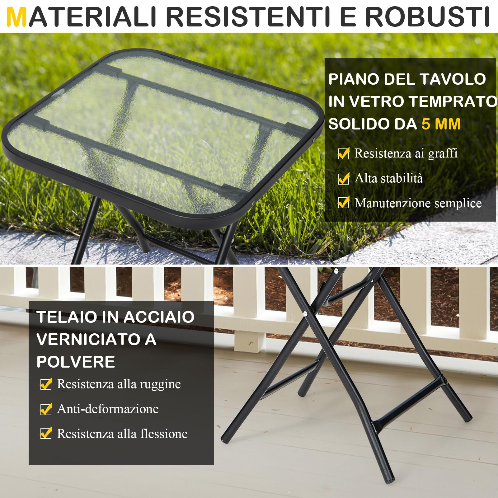 GYMAX Tavolo Quadrato da Giardino Pieghevole, Tavolino da Caffè in Vetro e Telaio in Metallo, Piano in Vetro Temperato, Tavolo da Esterno per Cortile Giardino Balcone