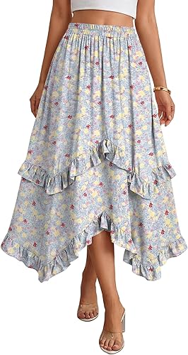 KIFOVEN Women's High Waisted Tiered Ruffle Skirt Boho Western Flowy A-Line Maxi 