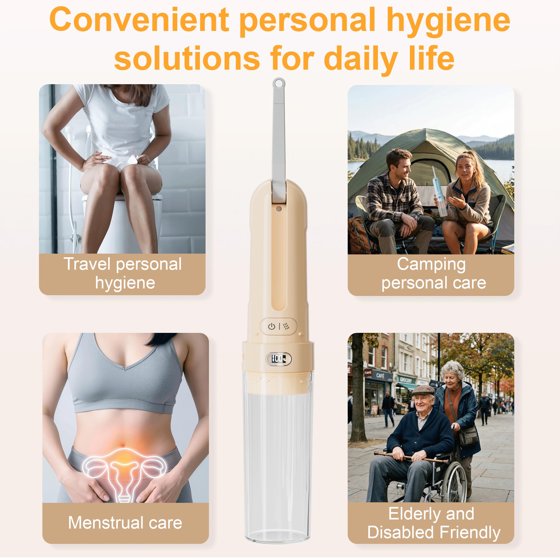 Bidet elettrico portatile per post-partum e donne, spruzzatore portatile silenzioso con 3 modalità di pressione, 1600 mAh ricaricabile USB-C, impermeabile IPX7 (arancione chiaro)