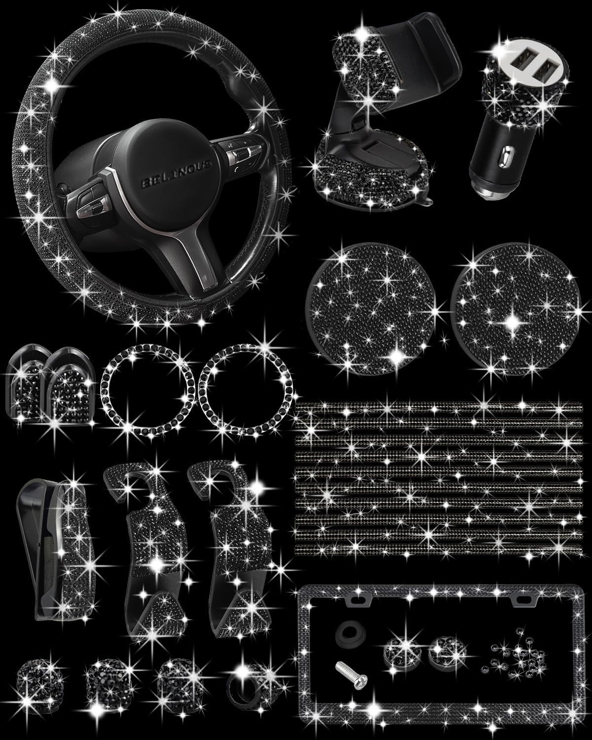 Belinous 27 PCs Bling Car Accessories for Women, Girl Car Accessories for Interior, Bling Steering Wheel Cover 14.5-15in, Bling License Plate Frame, Bling Phone Holder, Cup Coasters (Silver Diamond)