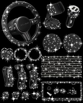 Belinous 27 PCs Bling Car Accessories for Women Black Diamond | Girl Car Accessories for Interior, Bling Steering Wheel Cover 14.5-15in, License Plate Frame, Phone Holder, Cup Coasters