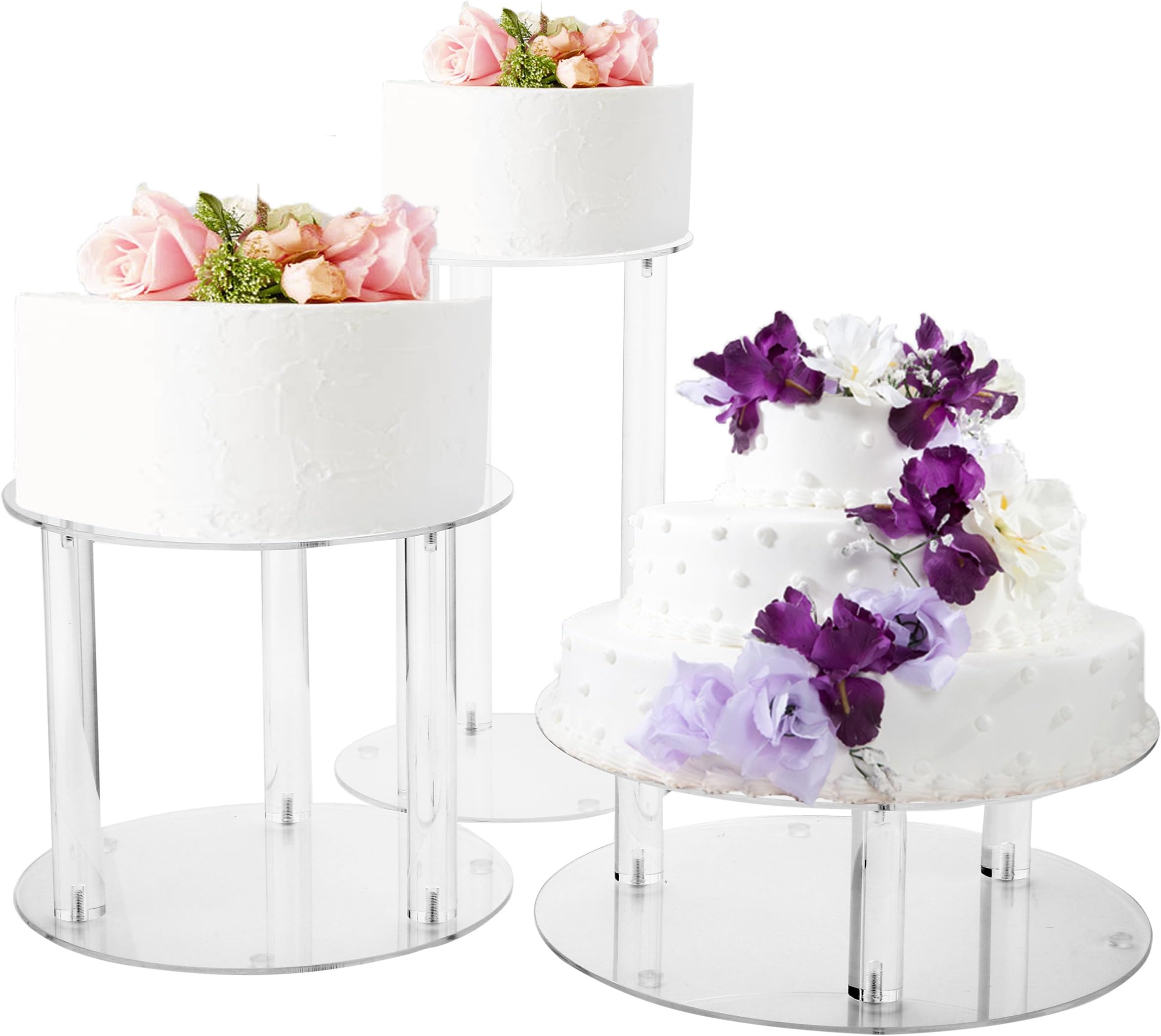 Jusalpha 3 Tier Large Acrylic Glass Round Wedding Cake Stand, Food Display Stand, Cupcake Stand, Dessert Display Platter WCS02 (3 tier with base tier)