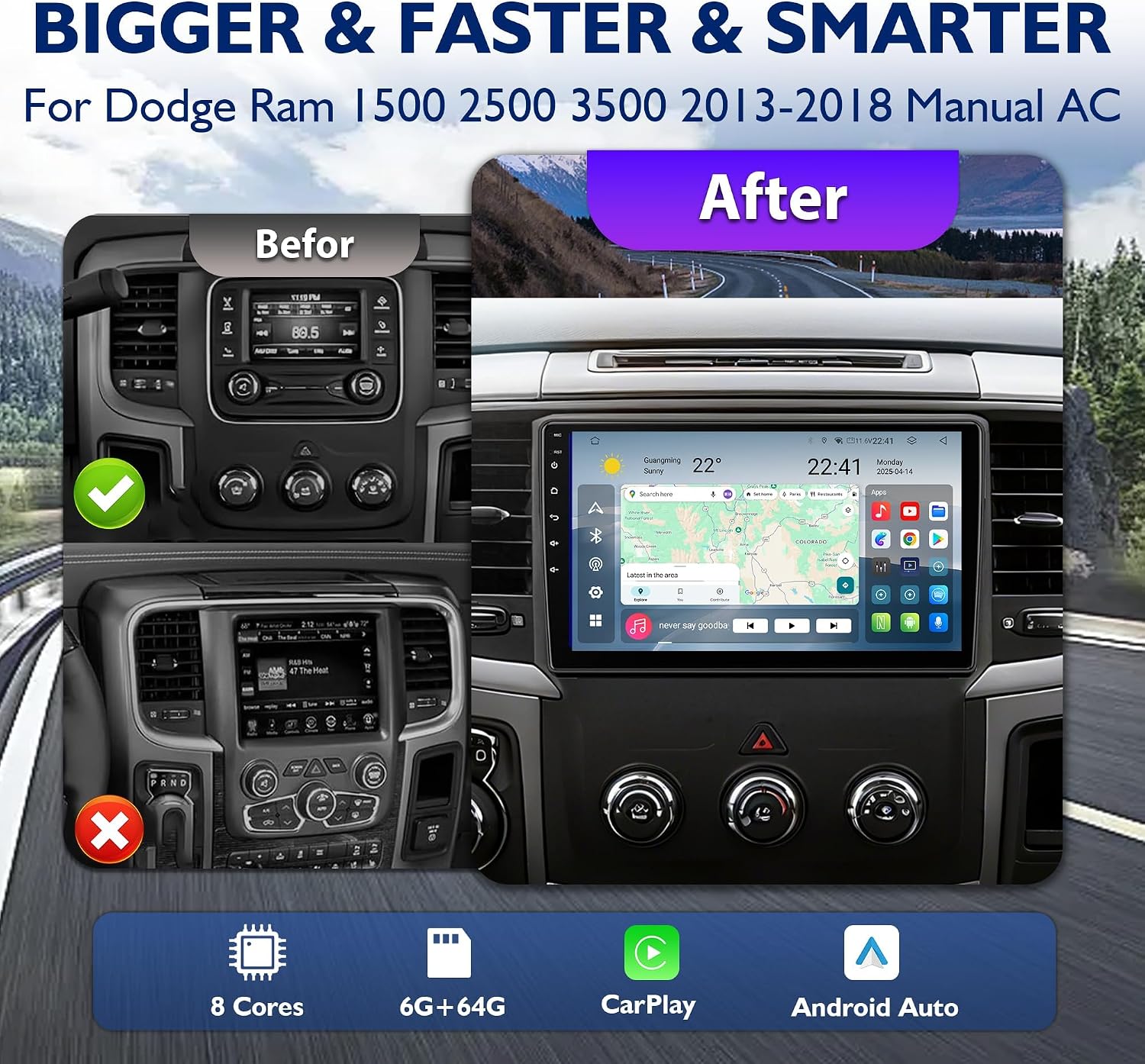 8 Core 6G+64G Car Radio for Dodge Ram 1500 2500 3500 2013-2018 Manual AC image 2