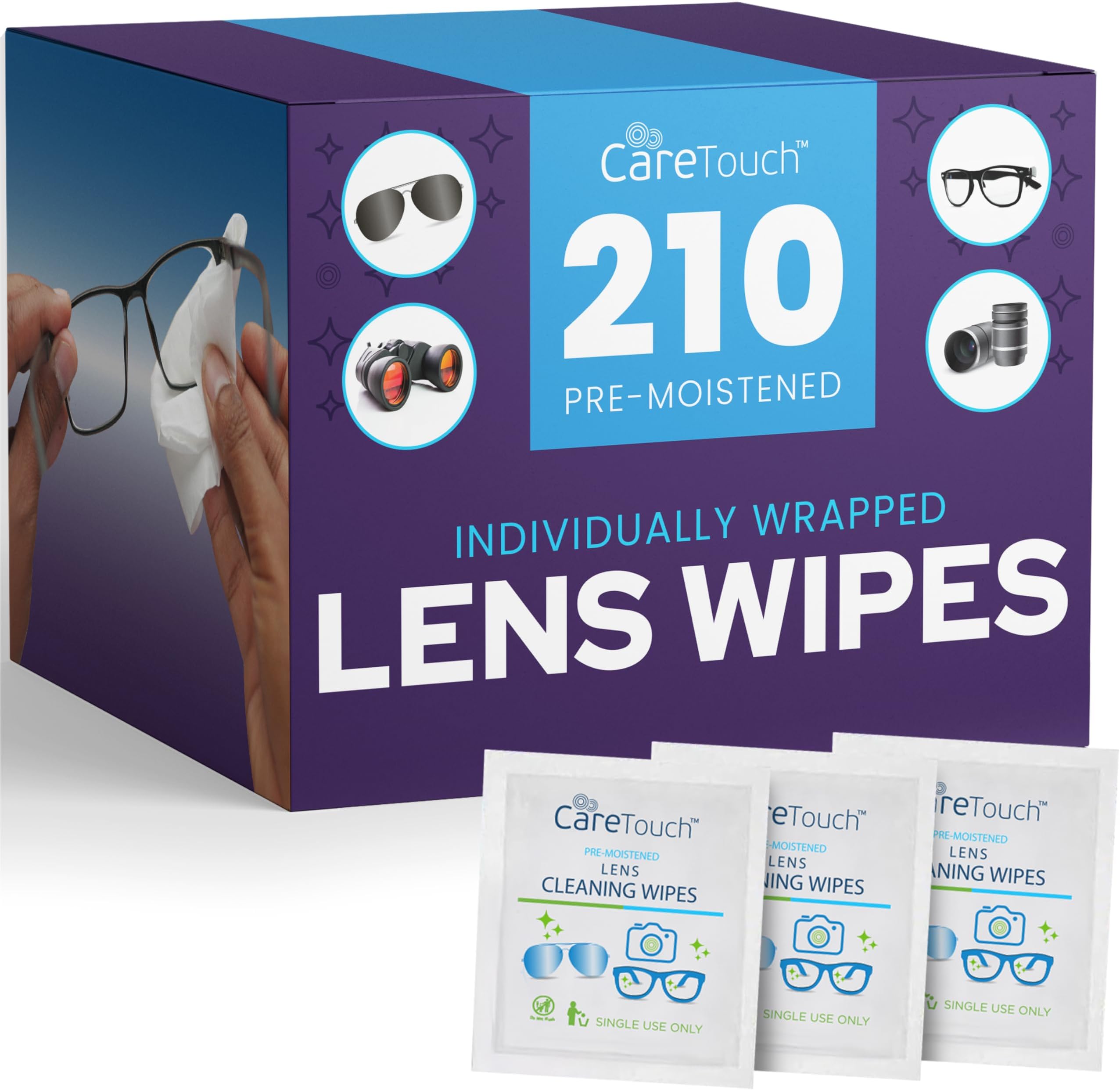 Lens Wipes for Eyeglasses- 210 Count Individually Wrapped Pre- Moistened Wipes, 5 x 6 Inch- Camera Lens, Sunglasses and Glasses Cleaner,- Gentle and Portable for Cleaning of Optical Devices