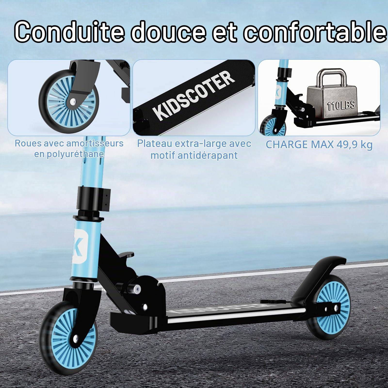 Trottinette à 2 roues pour enfants de 3 à 12 ans, roues lumineuses et tige à DEL, hauteur réglable et pliable, trottinette de sport légère pour filles et garçons avec béquille