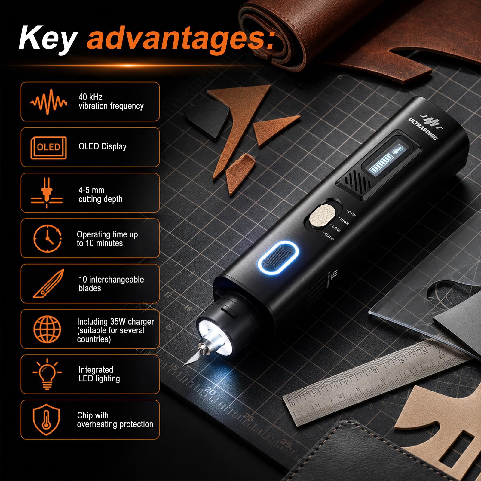Cortadora Ultrasónica Portátil 40kHz con 50 Cuchillas, 35W Cuchillo Ultrasónico con Pantalla OLED & 4 Modos, Herramienta de Corte de Precisión para Impresión 3D, Madera, Plástico, Cuero