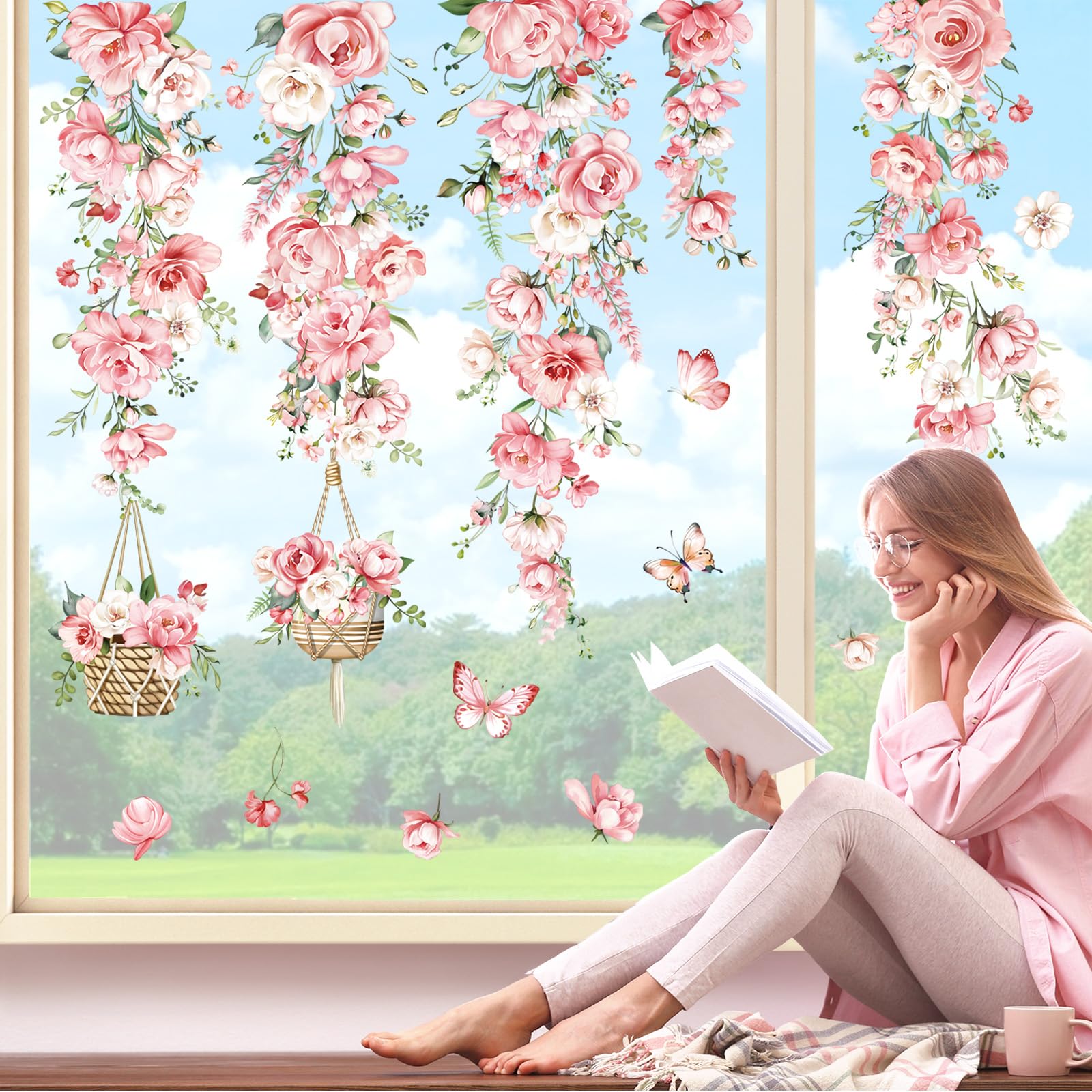 decalmile Spring Summer Hanging Flower Vine Double Sided Window Clings Pink Peony Floral Window Decals Anti-Collision Glass Window Doors Window Stickers - Image 2
