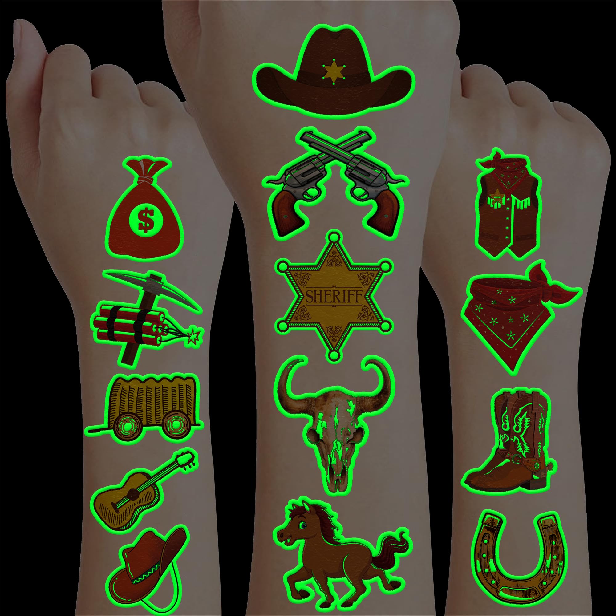 96 PCS Western Cowboy Pre-Cut Temporary Tattoos for Kids First Themed Birthday Party Supplies Favors Decorations 8 Sheets Super Cute Fake Tattoo Stickers (Luminous)