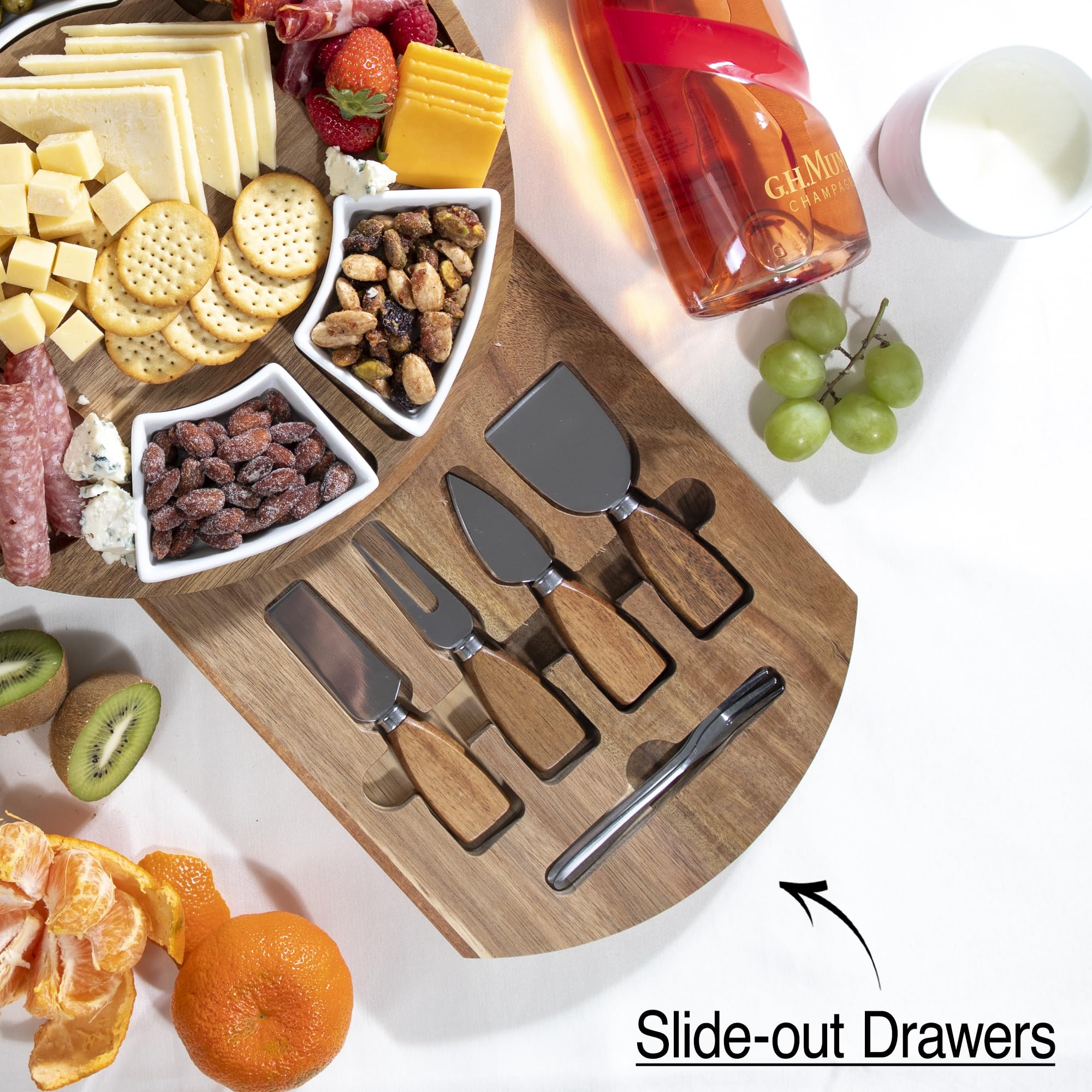 Käsebrett & Messer Set aus Akazie, Charcuterie-Brett mit Keramikschalen, ausziehbarer Schublade und Servierutensilien, perfekt für Unterhaltung, ideales Geschenk für Hochzeiten, Einweihungsfeiern und