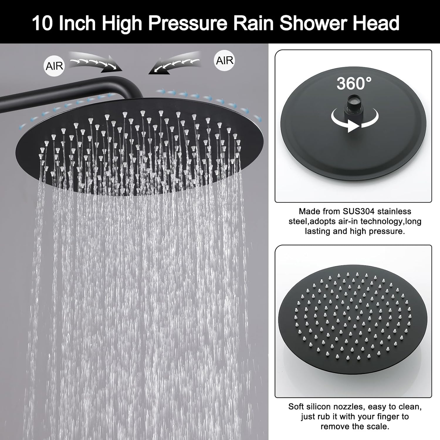 RBROHANT Freestanding Outdoor Shower Black, Height Adjustable Outside Showers for Backyard Garden Pool Beach, Outdoor Shower Fixtures with 10” Rain Shower Head and Handheld, Matte Black, JK0316