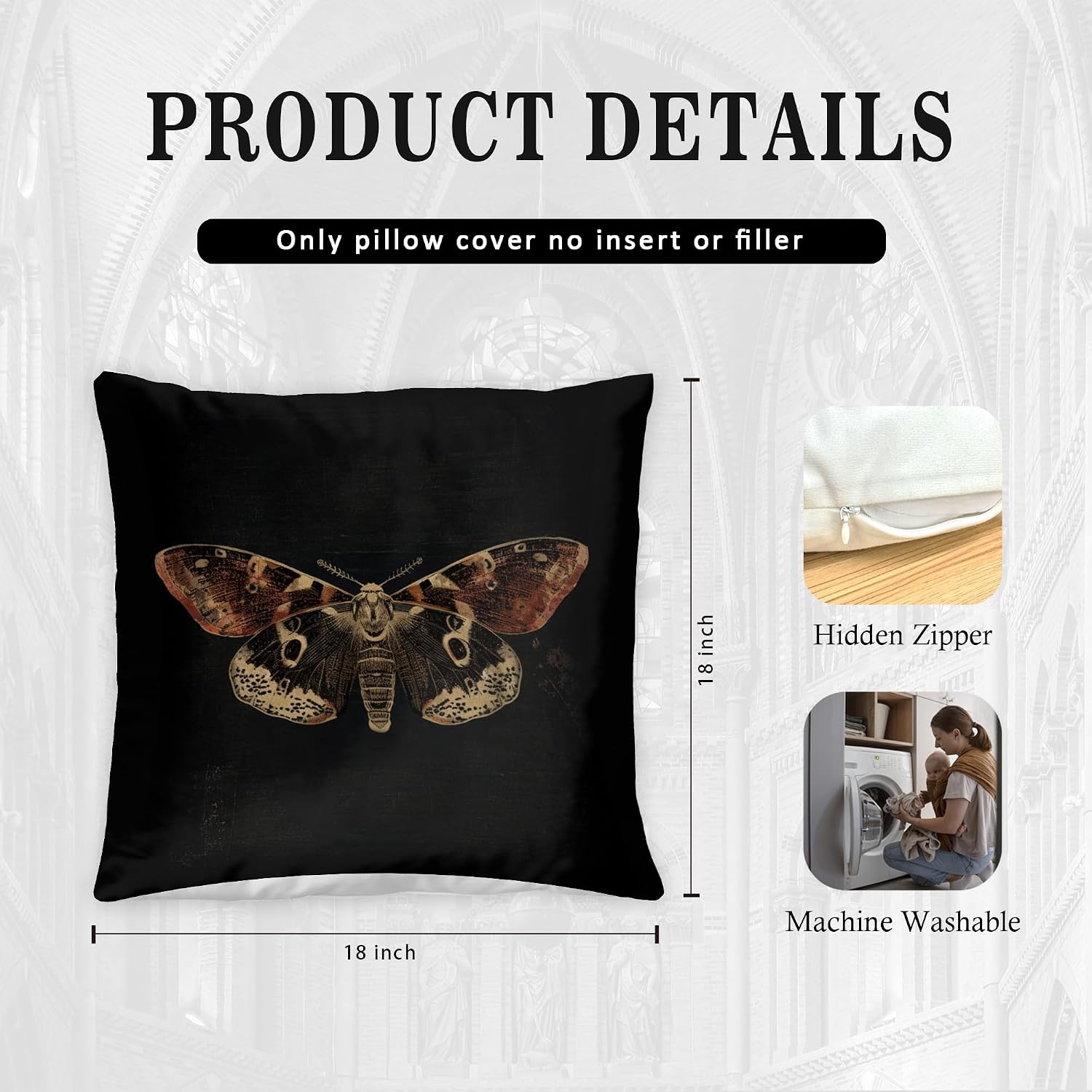 Vintage Victorian Gothic Butterfly Pillow Covers 18x18 Set of 4,Moody Dark Academia Moth Decorative Throw Pillow Covers for Home Bedroom Living Room