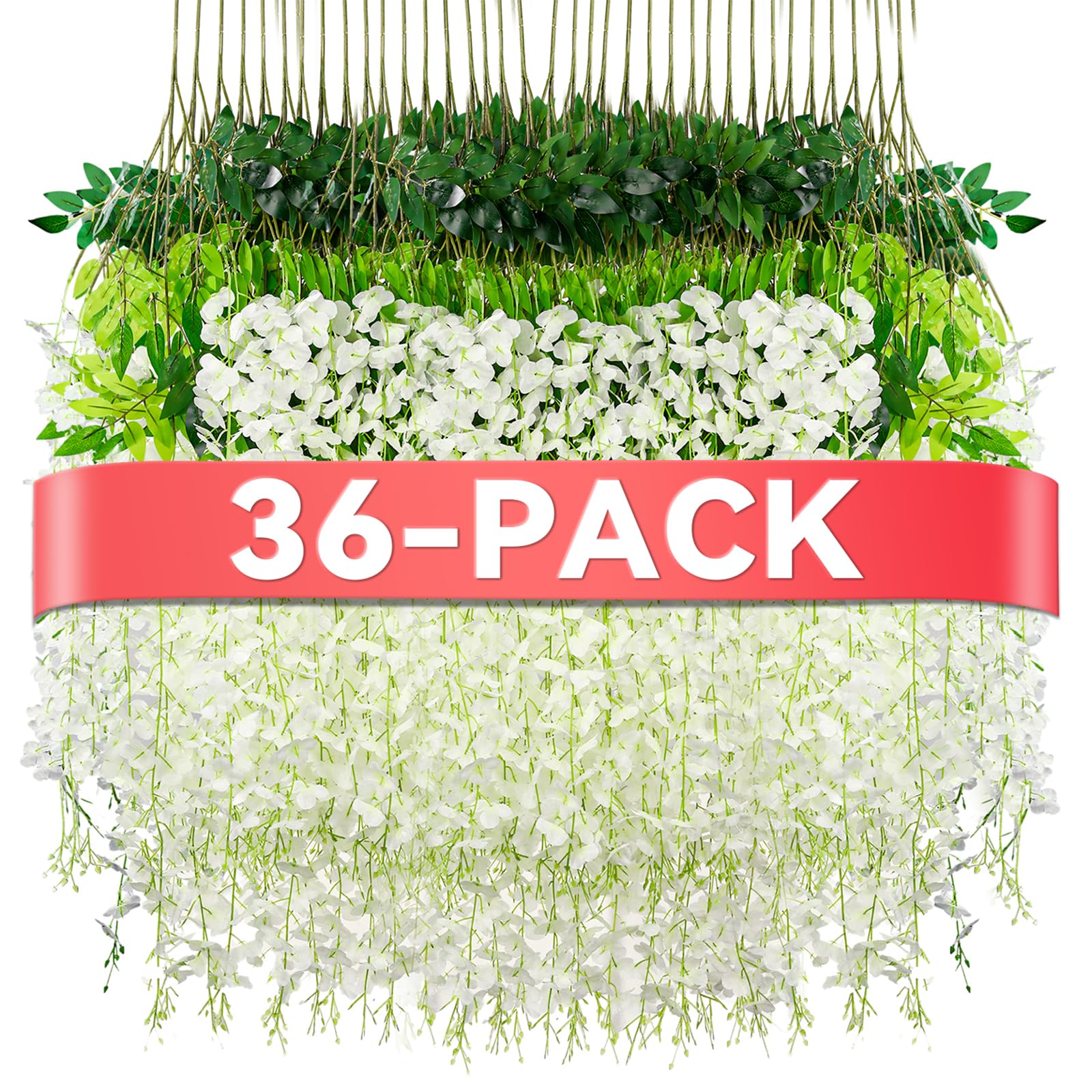 PTRBTY&HISDE 36pcs White Artificial Flowers Wisteria Vine Fake Flowers Hanging Garland Silk Flowers String Home Party Wedding Decor