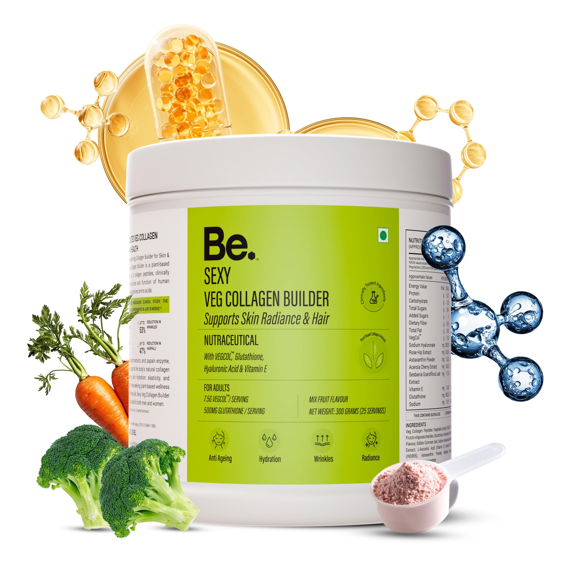 Be. Veg Collagen Powder for Women & Men - Plant Based Collagen Supplements with VegCol™, Glutathione & Hyaluronic Acid for Skin Glow & Hair Health | Mix Fruit Flavour