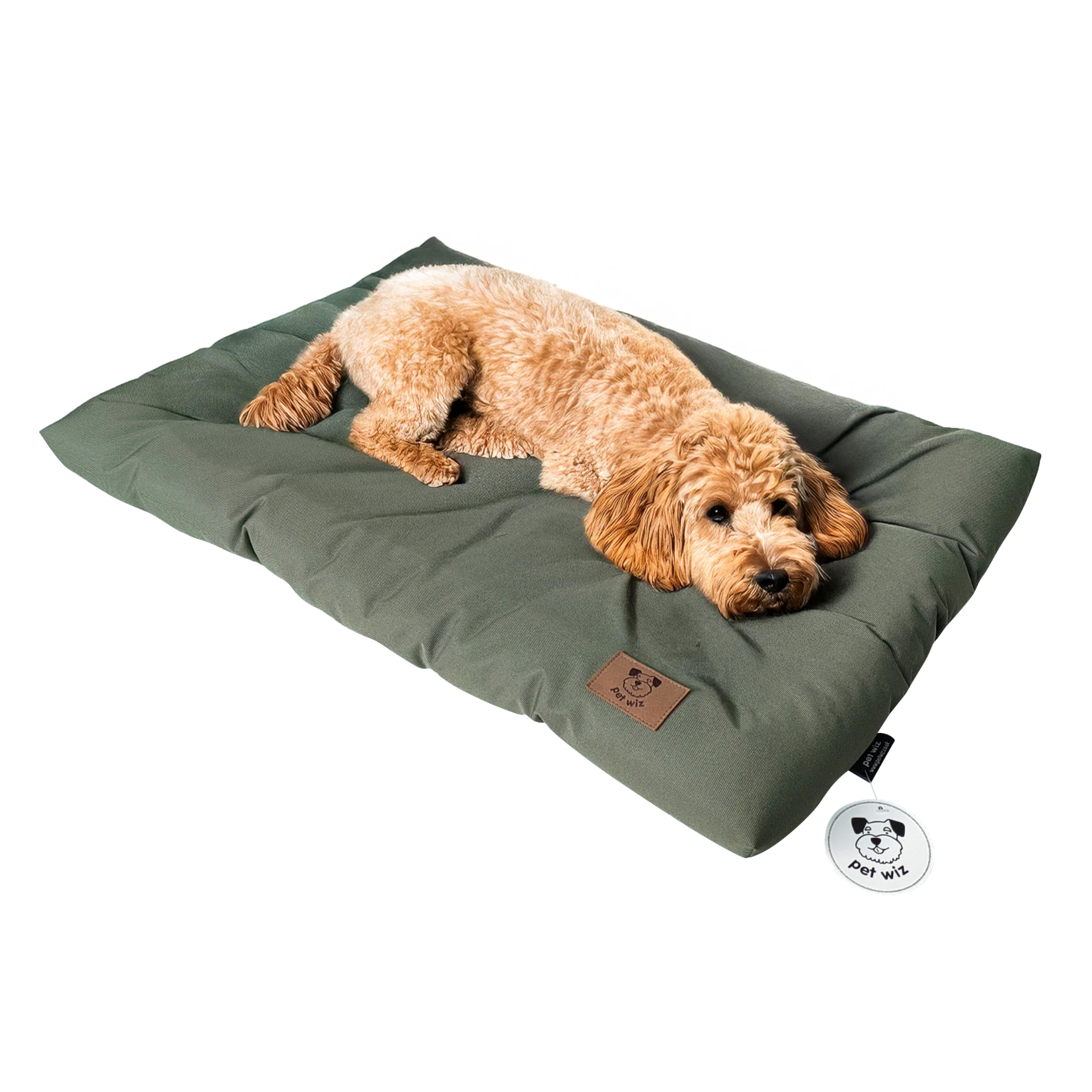 pet wiz Durable Waterproof Dog Bed for Crates, Home, and Travel | Long-Lasting Comfort, Available in Small, Medium and Large | Olive Green or Dark Grey (Olive, Medium (91 x 56cm))