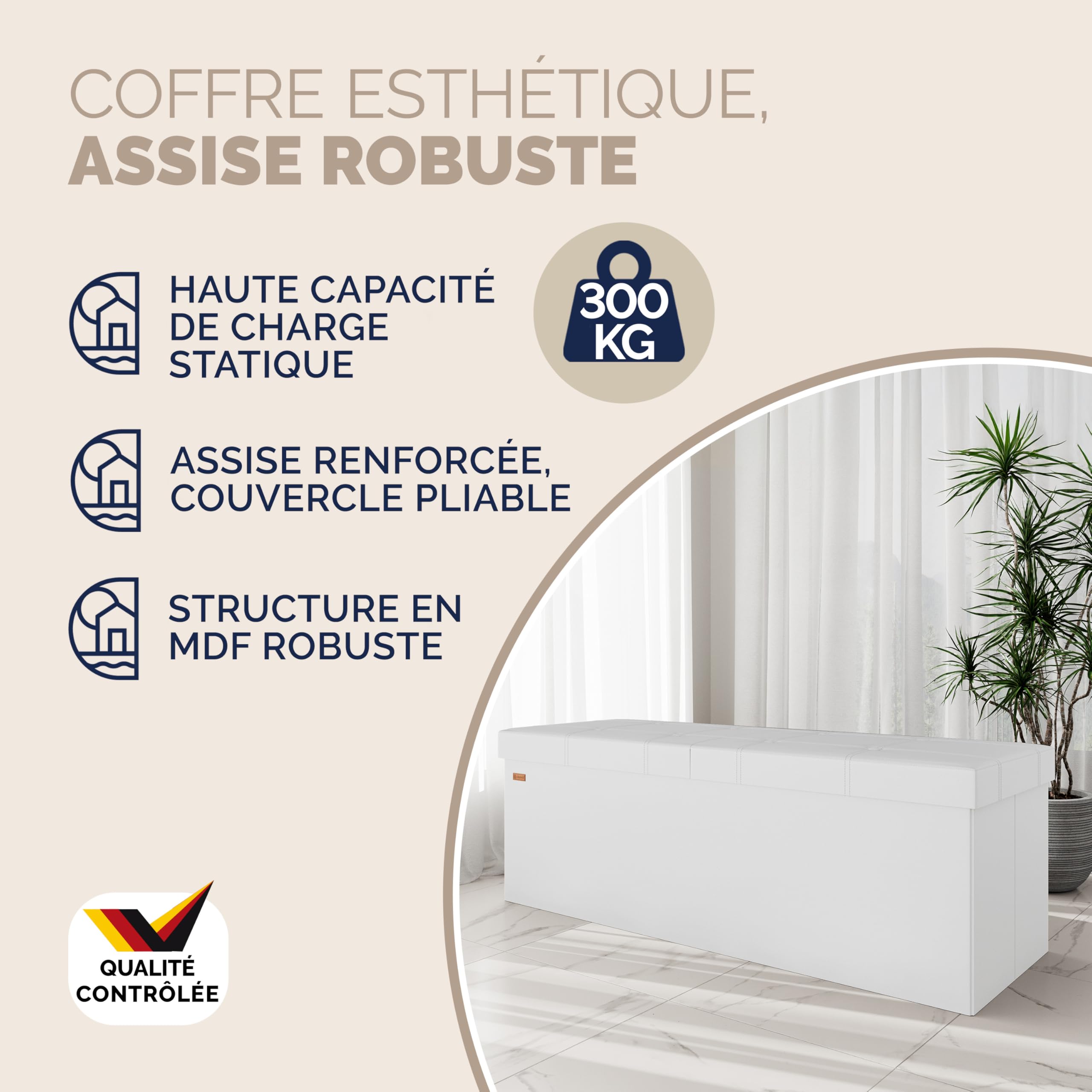 Casaria Banc de Rangement Blanc 115x38x38cm Coffre de Rangement Pliable 131L avec Couvercle Rabattable pour Salon Chambre