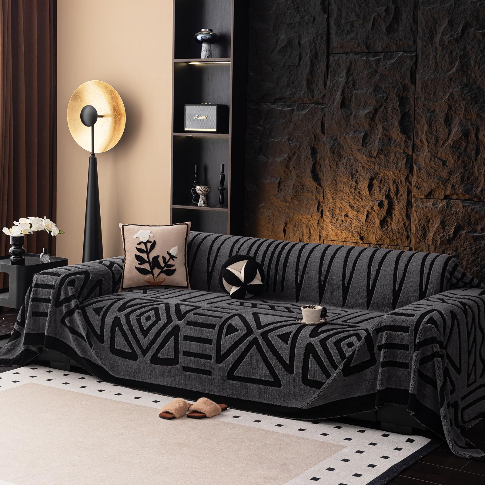 tianxinbaobei Throw Blanket for Couch, Boho Sofa Throw Blankets, Boho Sofa Slipcovers, Chenille Couch Cover Blanket for Recliner, Geometrical Sofas Cover(1PC, Dark Grey, 71"×118", Recliner)