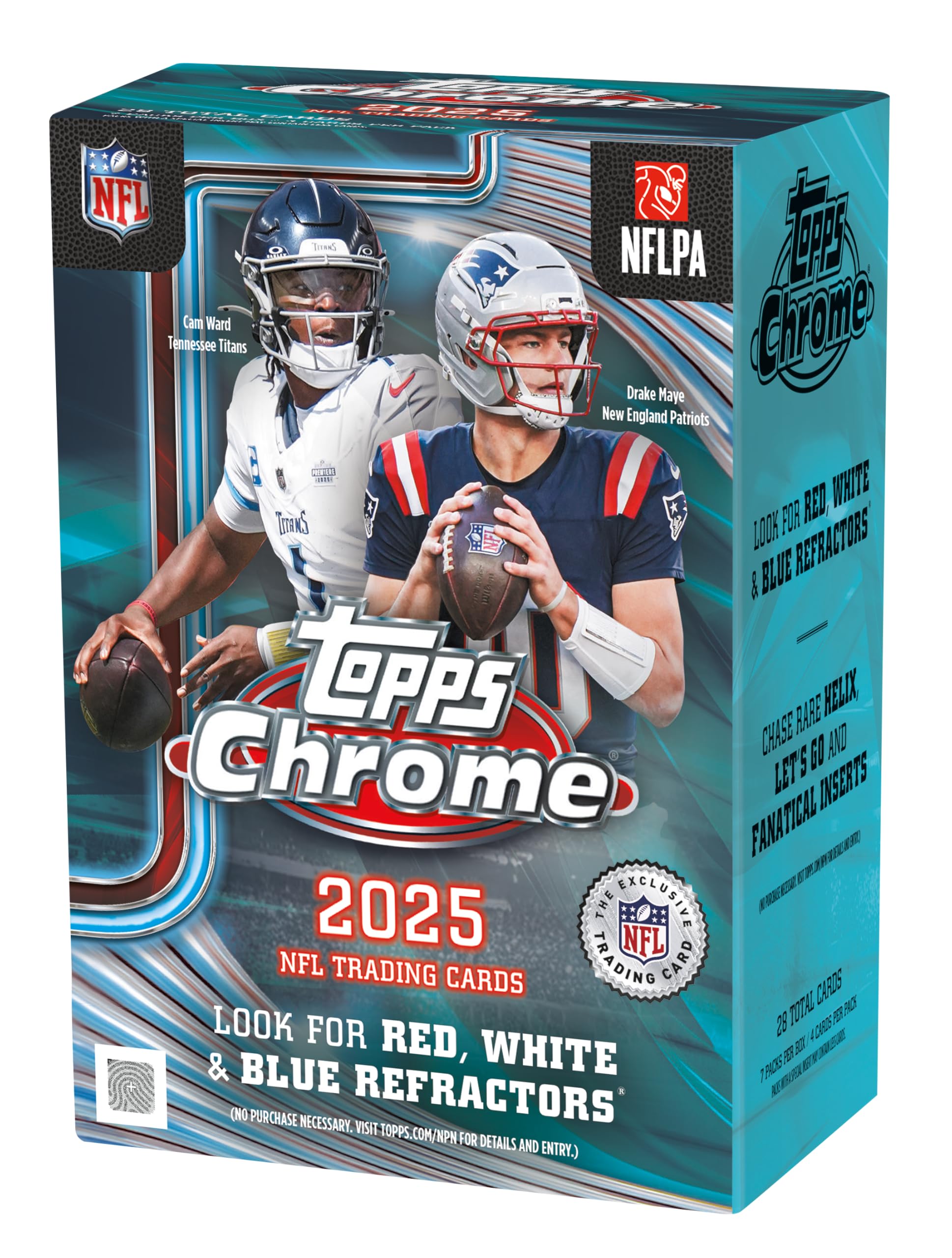 Topps Chrome® Football 2025 – Value Box (zawiera 4 karty w opakowaniu, 7 opakowań w pudełku).
