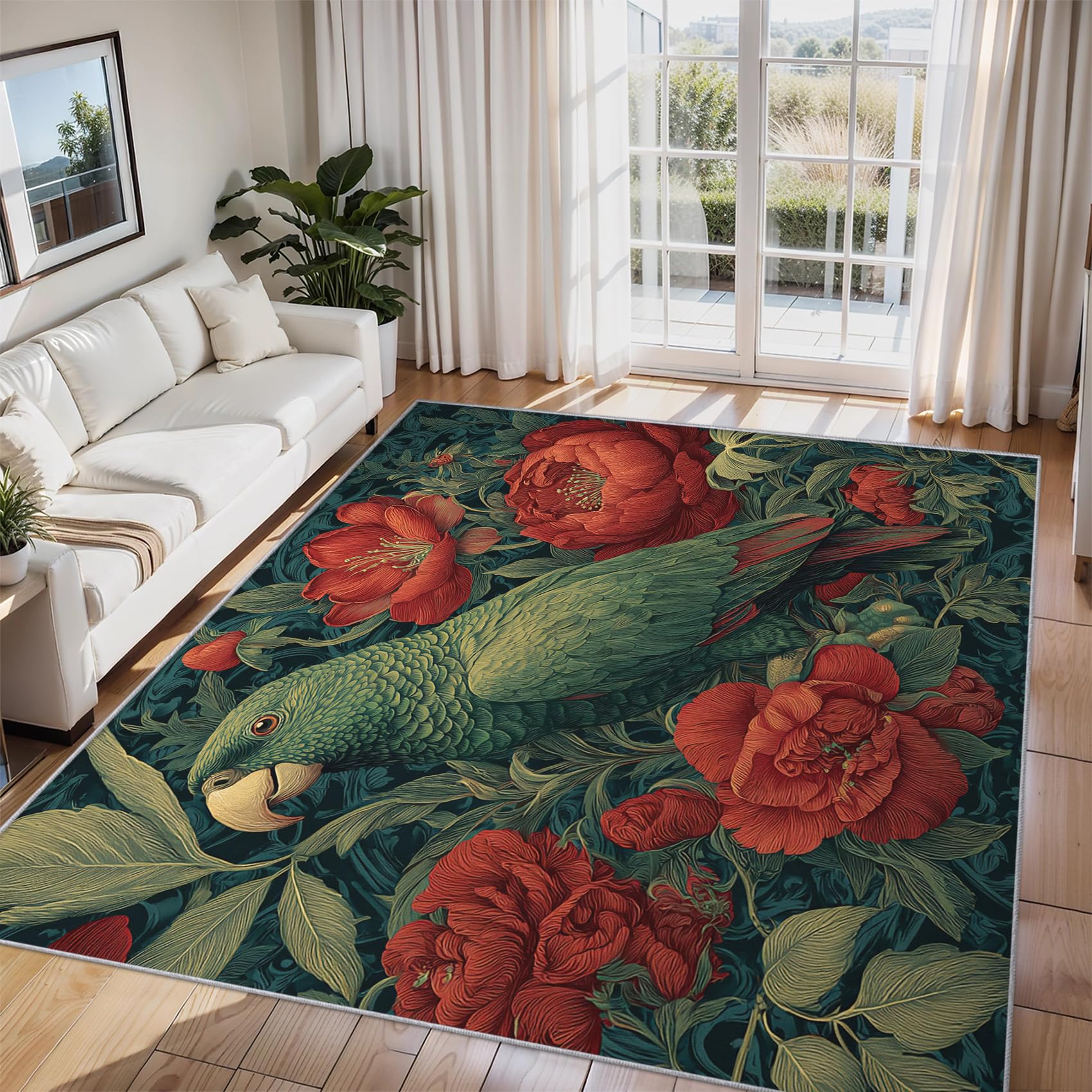 Parrot Rugs Living Room Large 200x290, Vintage Floral Bird Area Rugs for Bedroom Accessories, Non Slip Soft Low Pile Washable Carpet, Home Decor FL205