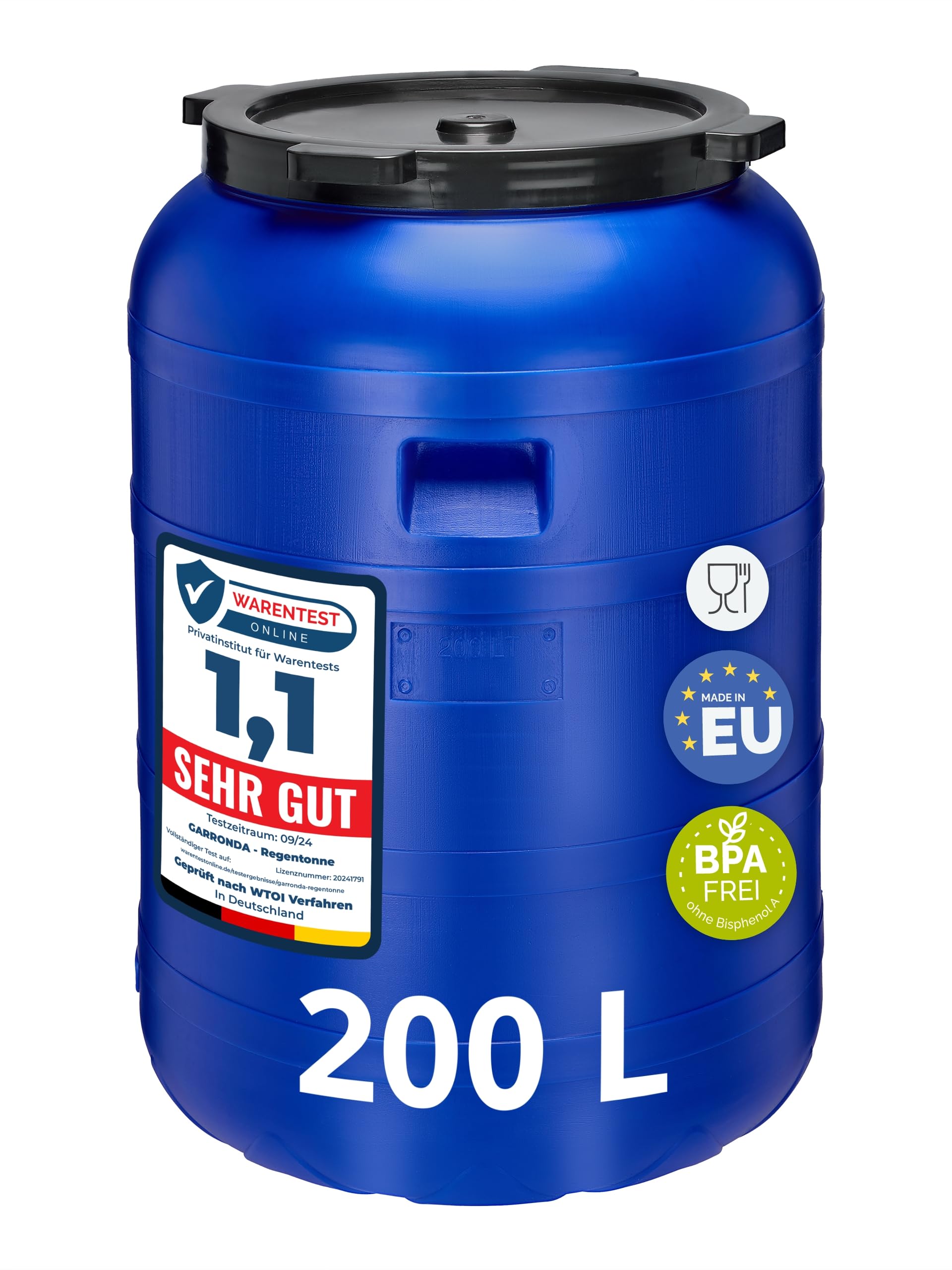 Garronda serbatoio acqua BPA-free da 200 litri, tanica acqua con coperchio, ideale per la conservazione di alimenti o come cisterna per il giardino GD-0093, Blu
