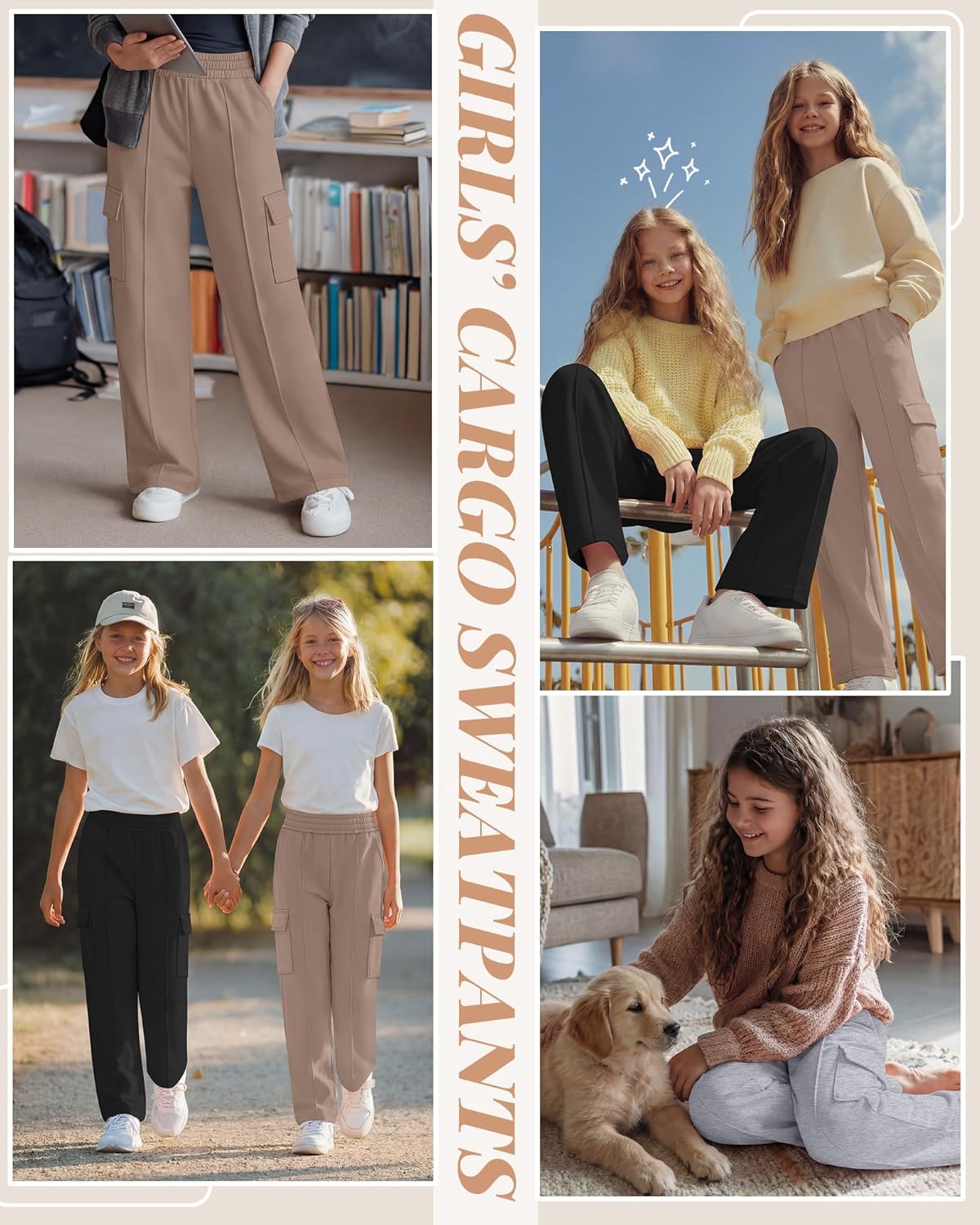 3 Pack Girls Wide Leg Sweatpants Cargo Pants High Waisted Baggy Causal Loose Kids Elastic Waistband Pants Joggers - Image 2