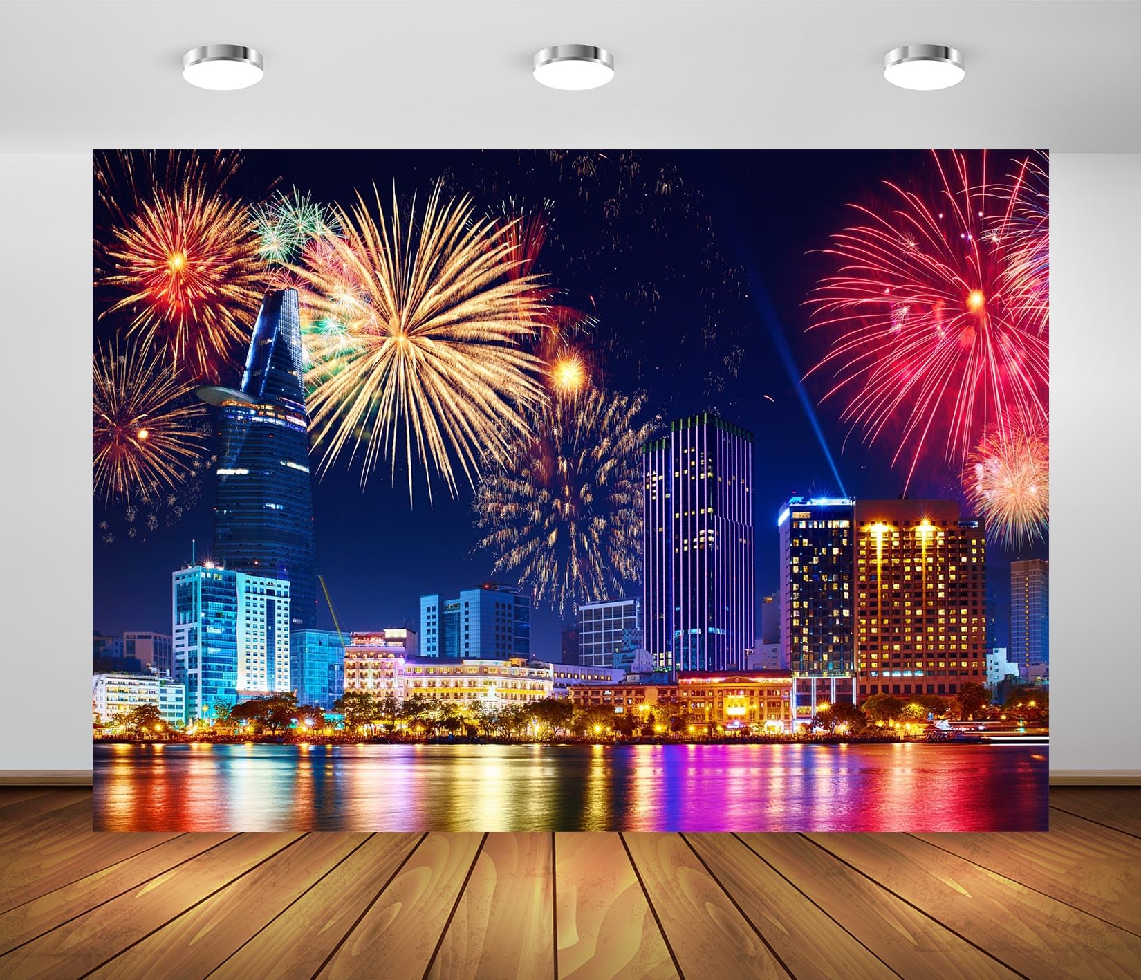 BELECO 10x6.5ft Fabric Vietnamese New Year Backdrop Colorful Fireworks Celebration, Vietnam Night View Cityscape Background for Holiday Party