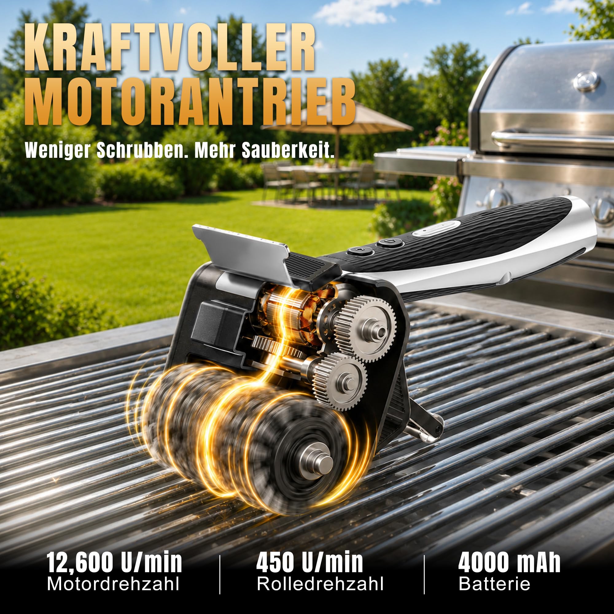Elektrische Grillbürste Kabelloser mit LED-Licht & Führungsrolle, Schaber | 4000mAh Akku für 180-240 min Laufzeit, 500 RPM Hochleistung, BBQ Reinigungsbürste für Gasgrill Gussrost Elektrogrill