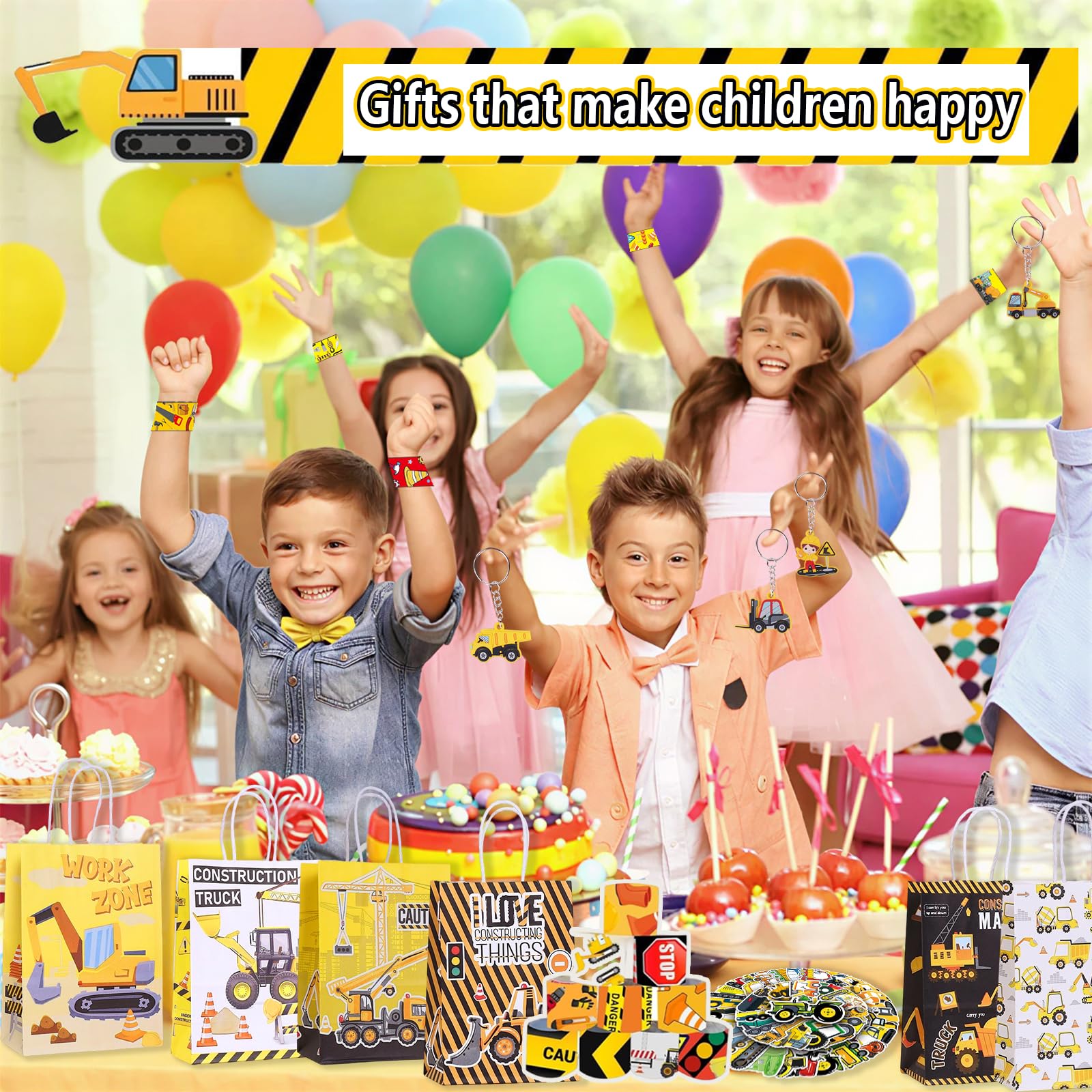 86 pezzi per cantiere, feste di compleanno, escavatore, accessori per feste di compleanno, 12 braccialetti Slap, 12 sacchetti regalo, 12 portachiavi, 50 adesivi per bambini, ragazzi e ragazze