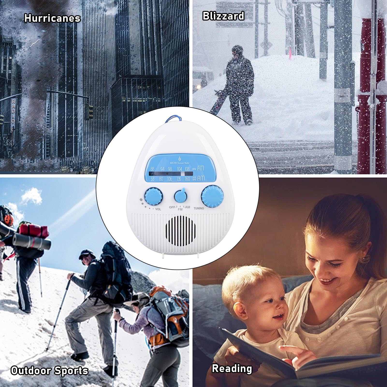 AM FM Shower Radio Wbudowany Głośnik, Wodoodporne Wiszące Radio łazienkowe z Obrotowym Pokrętłem dla łatwej Kontroli Objętości Tuningu, Mini Przenośne Radio z Akumulatorem
