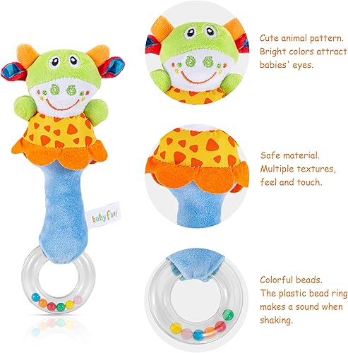 Miniatura 3 de Paquete de 4 juguetes de sonajeros suaves para bebés, juguetes de agarre de mano para desarrollo sensorial infantil, lindas mancuernas de animales
