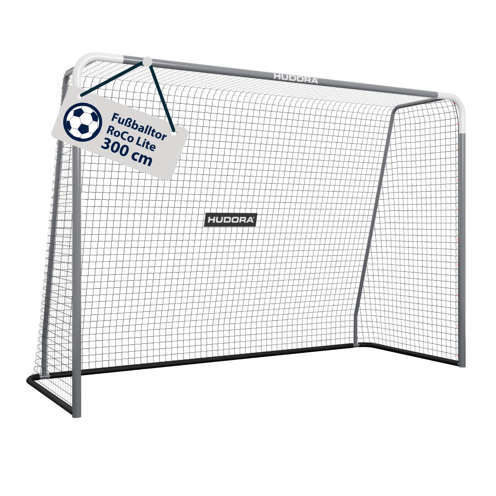 HUDORA Fußballtor RoCo Lite – Kinder Gartentor für Outdoor Training & Freizeit – stabiles Stahl-Tor mit klick-Montage, Robustes Netz für Fussball Matches im Garten – moderes Design in Grau/Schwarz