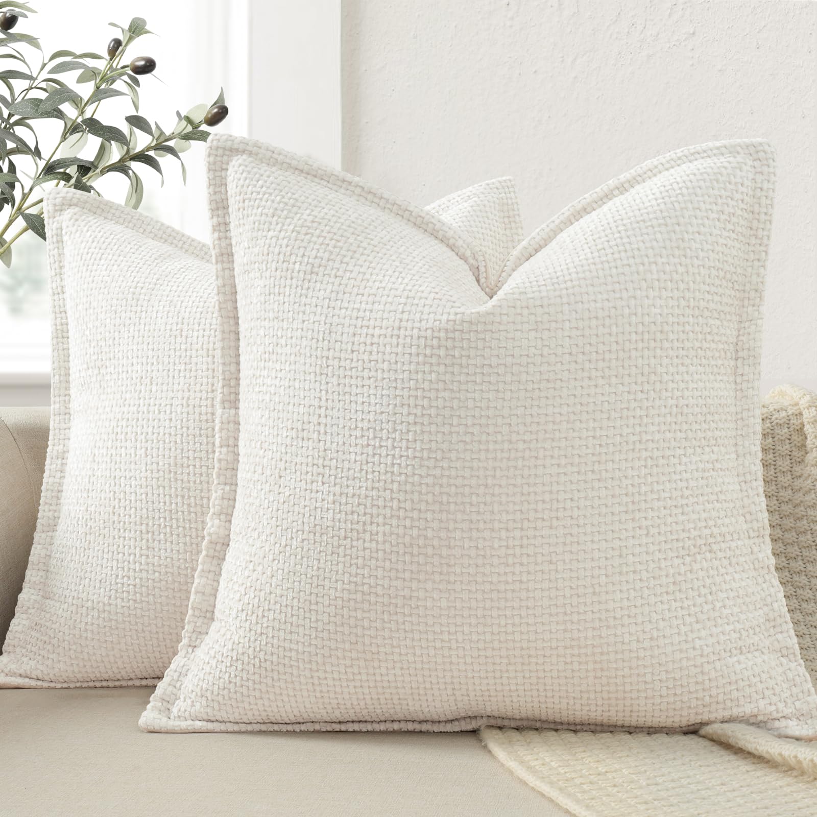 ZWJD Soft Chenille Cushion Covers 50x50 2 Pack, Decorative Cushions with Pressed Edge Design, Cream Luxury Home Decor Pillow Covers for Sofa, Couch, Bed, Living Room & Bedroom Modern Home Décor — image 1