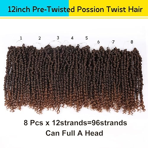 Miniatura 3 de Pelo de Passion Twist  Cabello de ganchillo de 12 pulgadas para mujer, 8 paquetes de cabello rizado pretrenzado de estilo Crochet pretrenzado