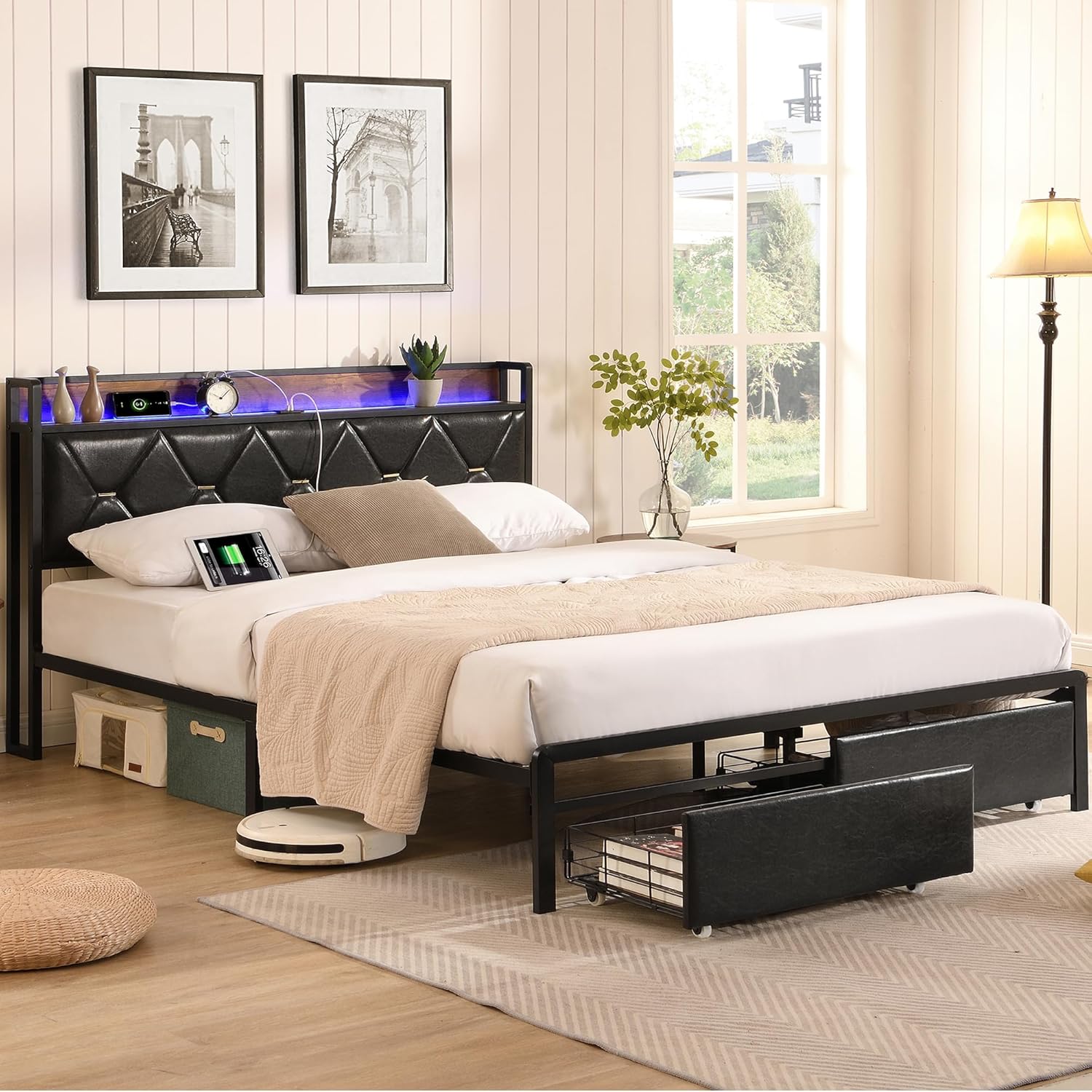 Amazon.com: Ailisite King Size Bed Frame with Storage Headboard ...