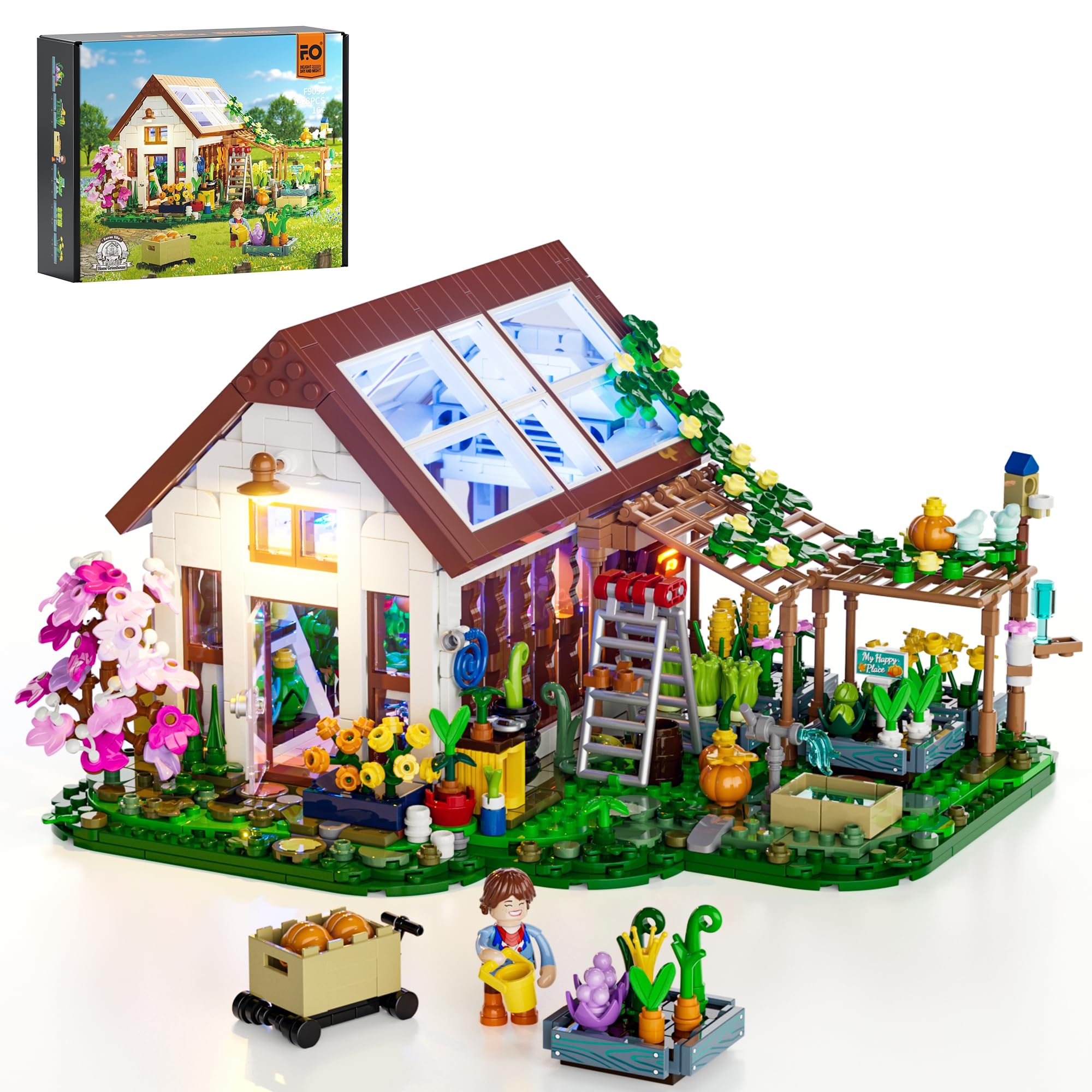 FUNWHOLE Botanical-Garden Greenhouse Lighting Building-Bricks Set - Farm Flower House Collection LED Light Model Display Set 1428 Pcs for Adults and Teens Who Love Flowers and Plants