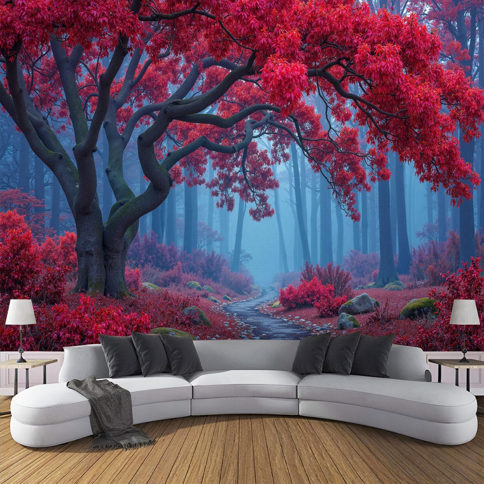 Papier peint forêt brumeuse rouge pour dynamiser un mur de salon sombre