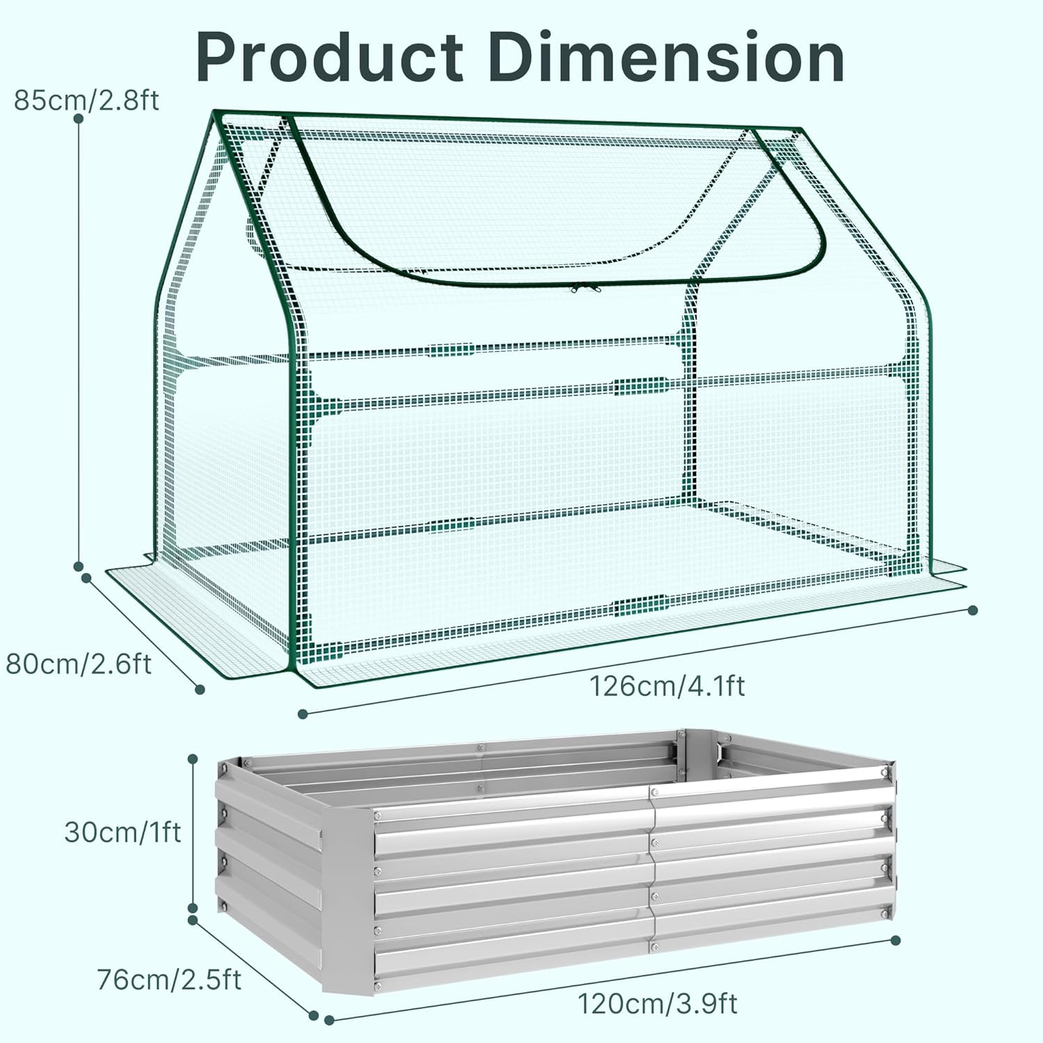 Miory Raised Garden Bed with Cover, 3.9x2.5x1ft Galvanized Steel Planter with Mini Greenhouse Cover, Dual Zippered Screen Windows, Open Base for Vegetable Gardening