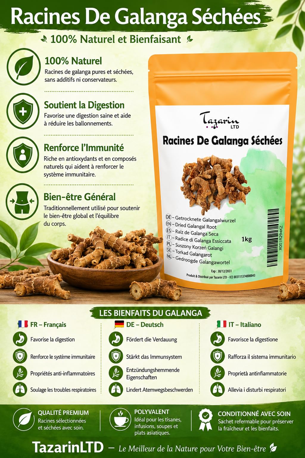 1kg Galangal Root Spice Dried Organic - Galgantwurzel, Galangal Hildegard Von Bingen – alpinia officinarum |100% Natürlich, Rein und Ohne Zusatzstoffe | TazarinLtd