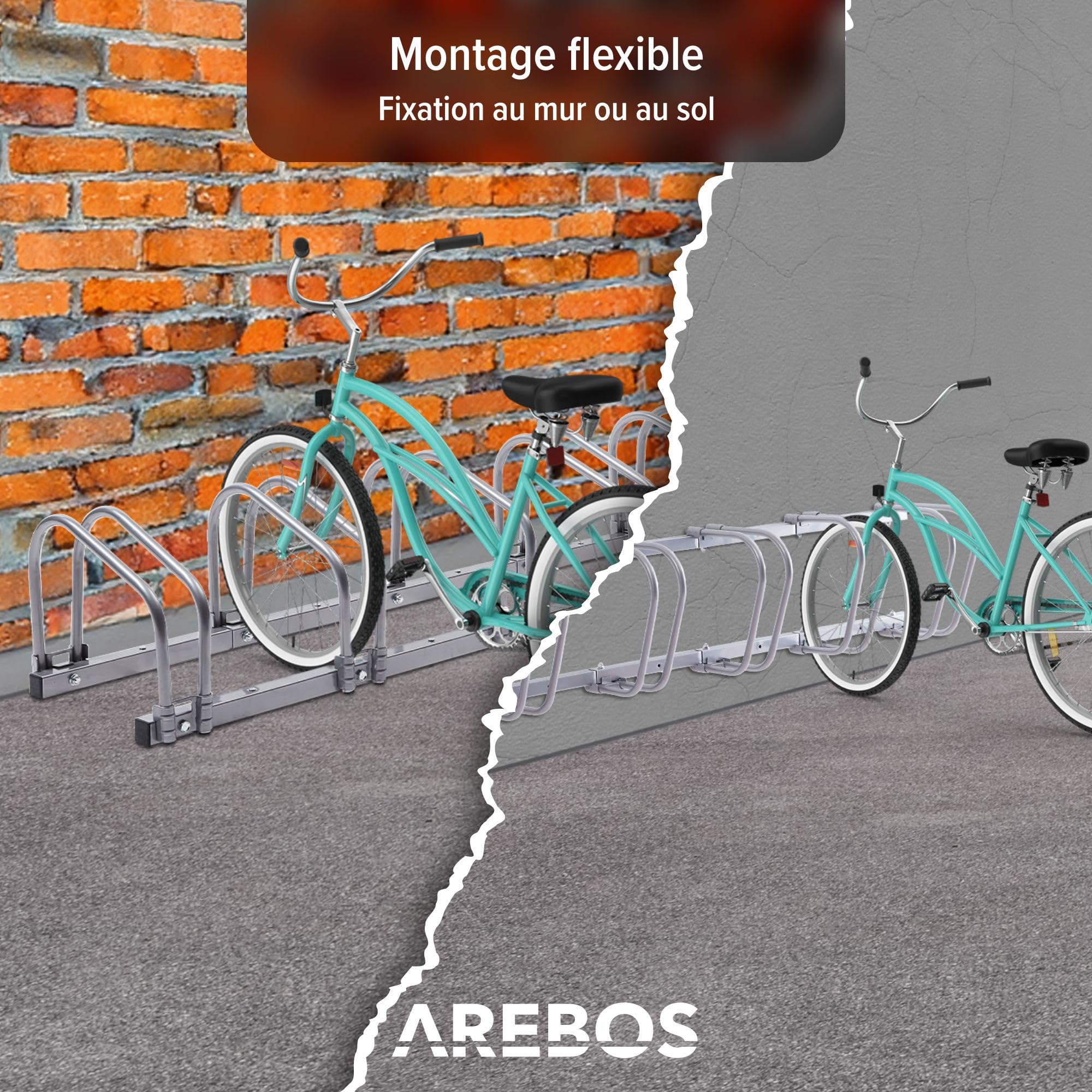 AREBOS Support à Vélos pour 5 Vélos | Écartement des Roues 21 cm | Pour Pneus 35-60 mm | Dimensions 130×30×26 cm | Montage Sol ou Mur | Support Métallique Argenté