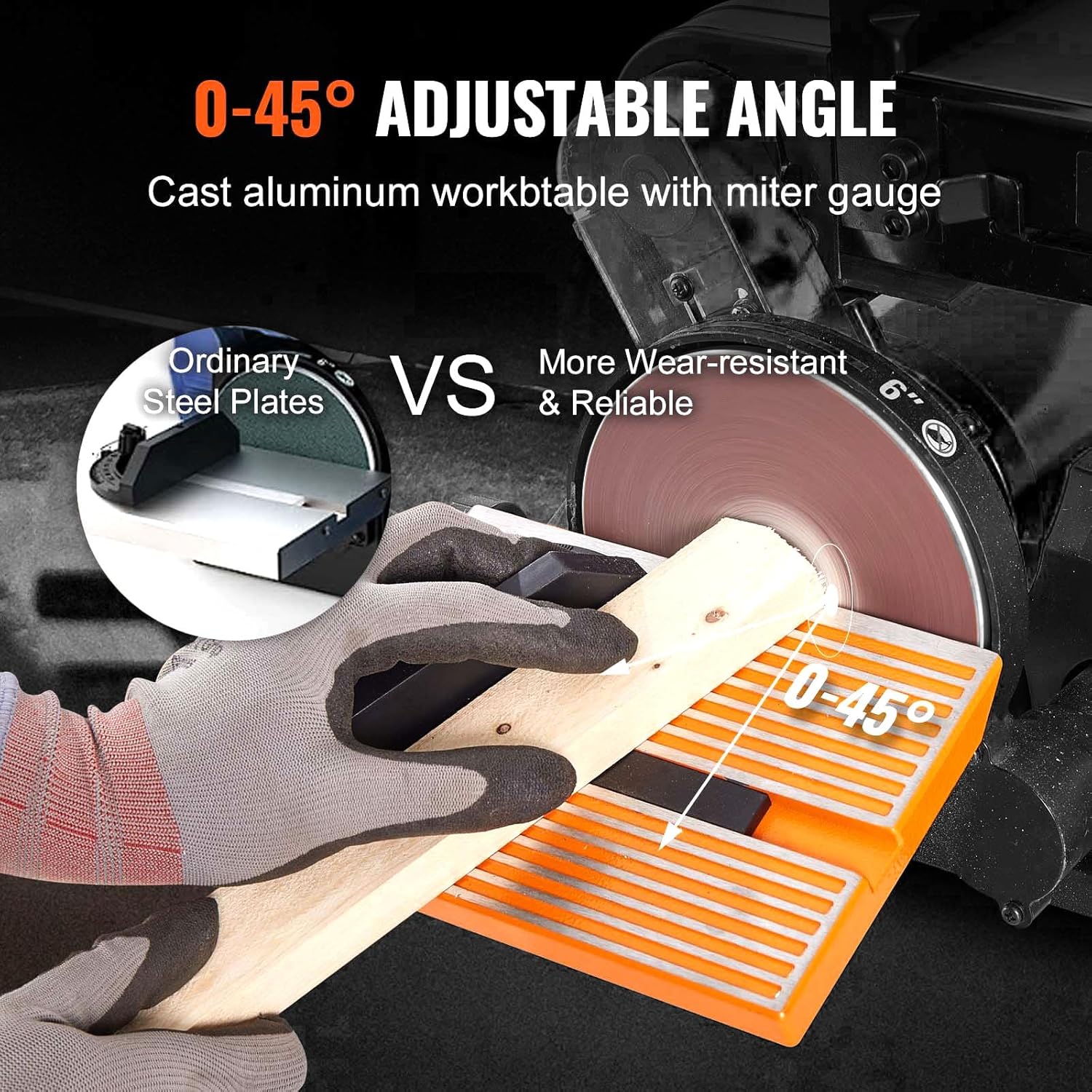 Adjustable 0-45 degree aluminum worktable with miter gauge for disc sander