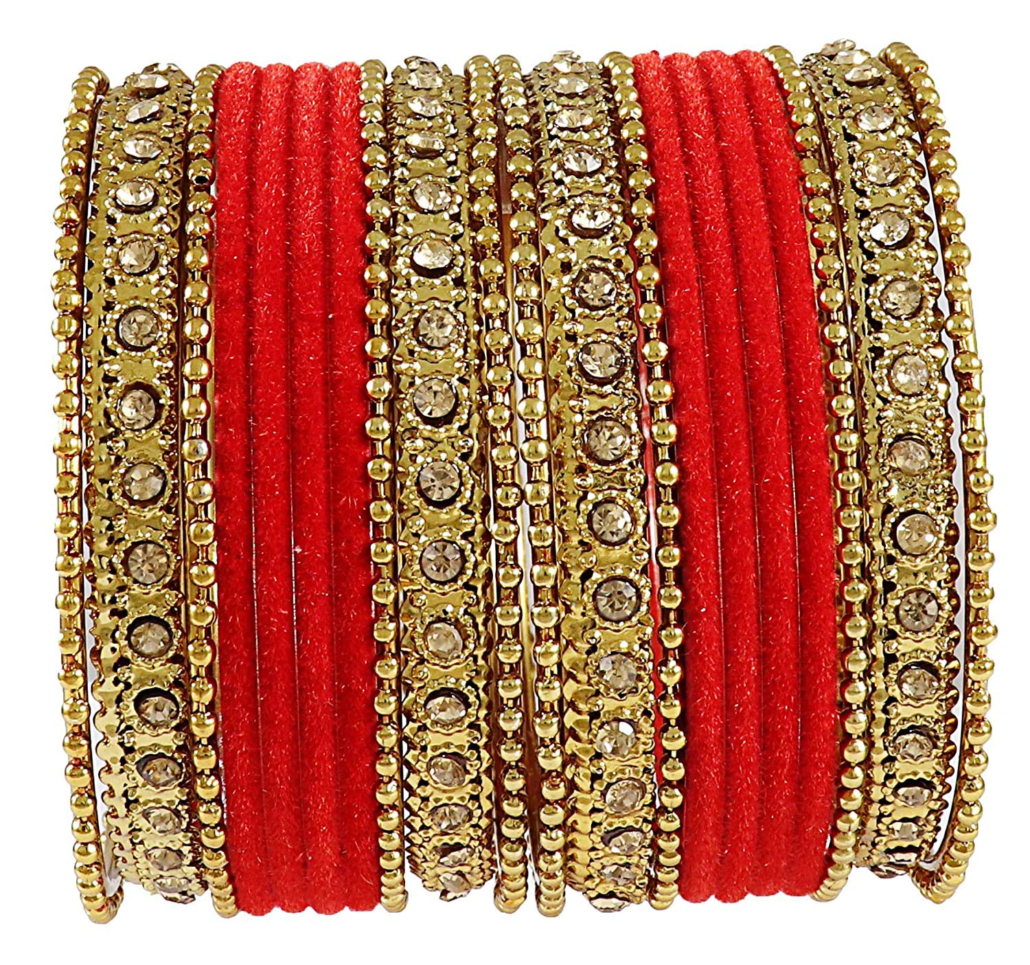 GenericOneness Red Bangles Velvet Metal Set With Golden Kada & Dot Chudi Wedding Chura/Bridal Chuda For Women & Girls - (Set Of 20 Bangles)