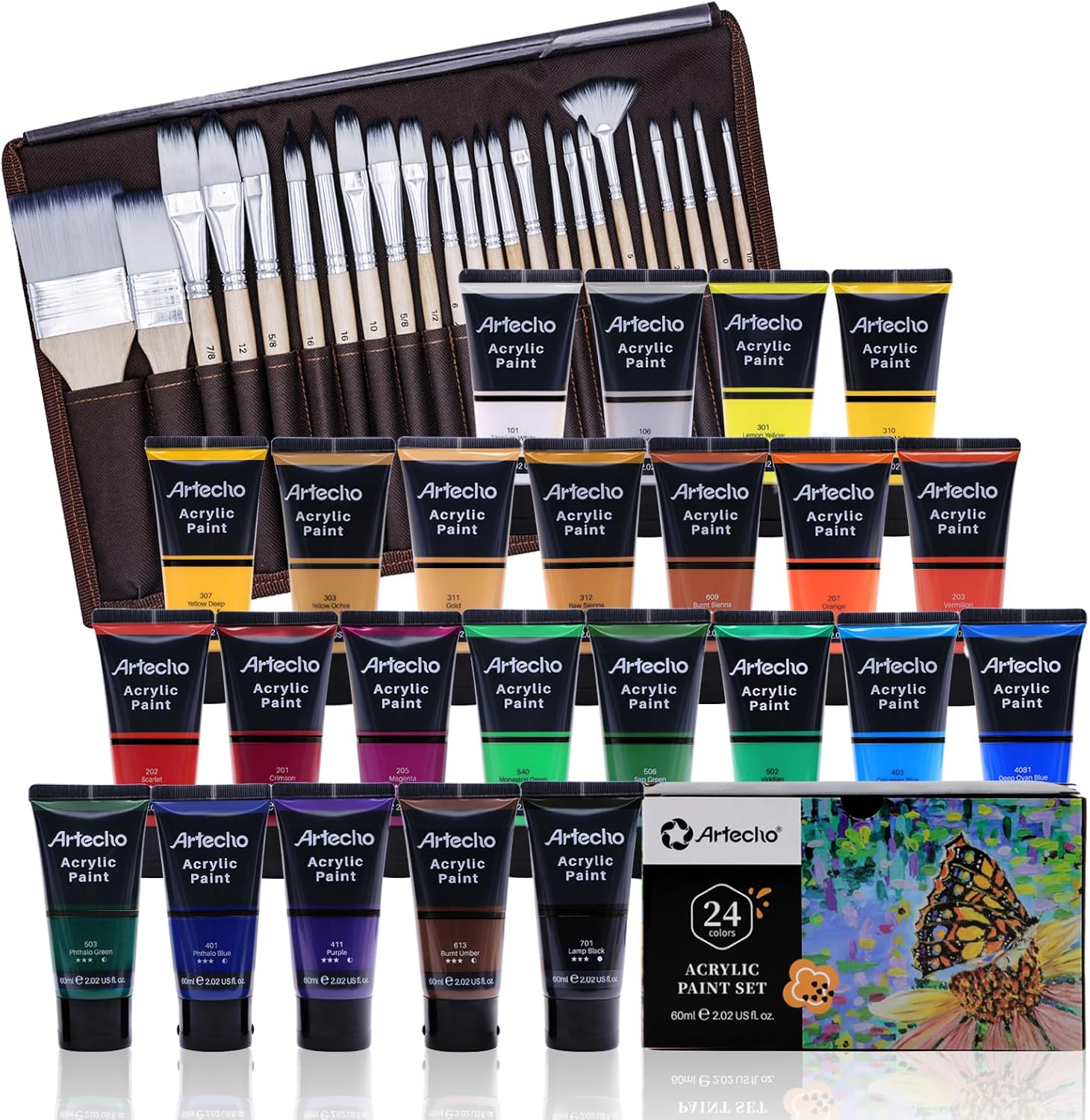 Artecho 24 PCS Paint Brushes & Professional Acrylic Paint Set, 24 Basic Colors Tubes (60ml / 2.02oz)