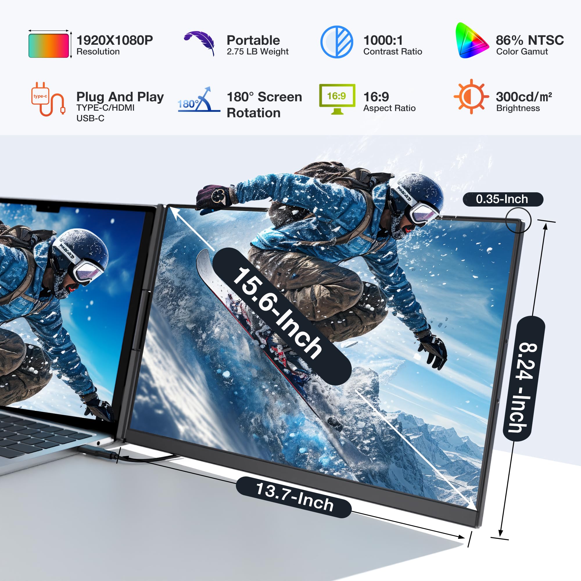 Kwumsy Monitor Portatile 15,6 Pollici, 1920x1080P FHD IPS Portable Monitor Schermo, 86% NTSC Schermo Monitor Portatile Staccabile, Plug and Play Doppio Monitor Portatile Per Laptop/Mac/ Wins/Chrome